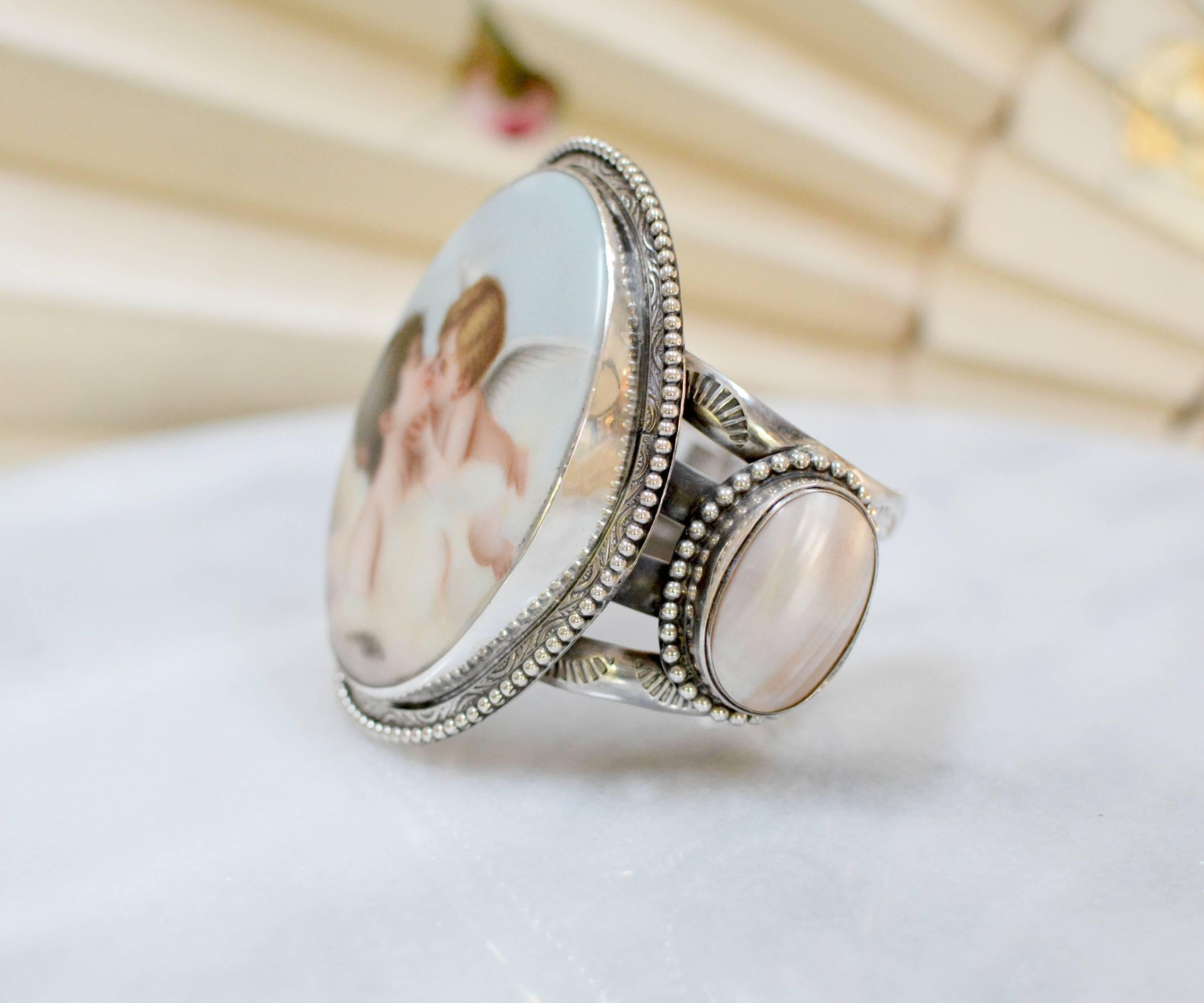 Artist Jill Garber Antique French Porcelain Cupids Kiss & Mother-of-Pearl Cuff Bracelet For Sale