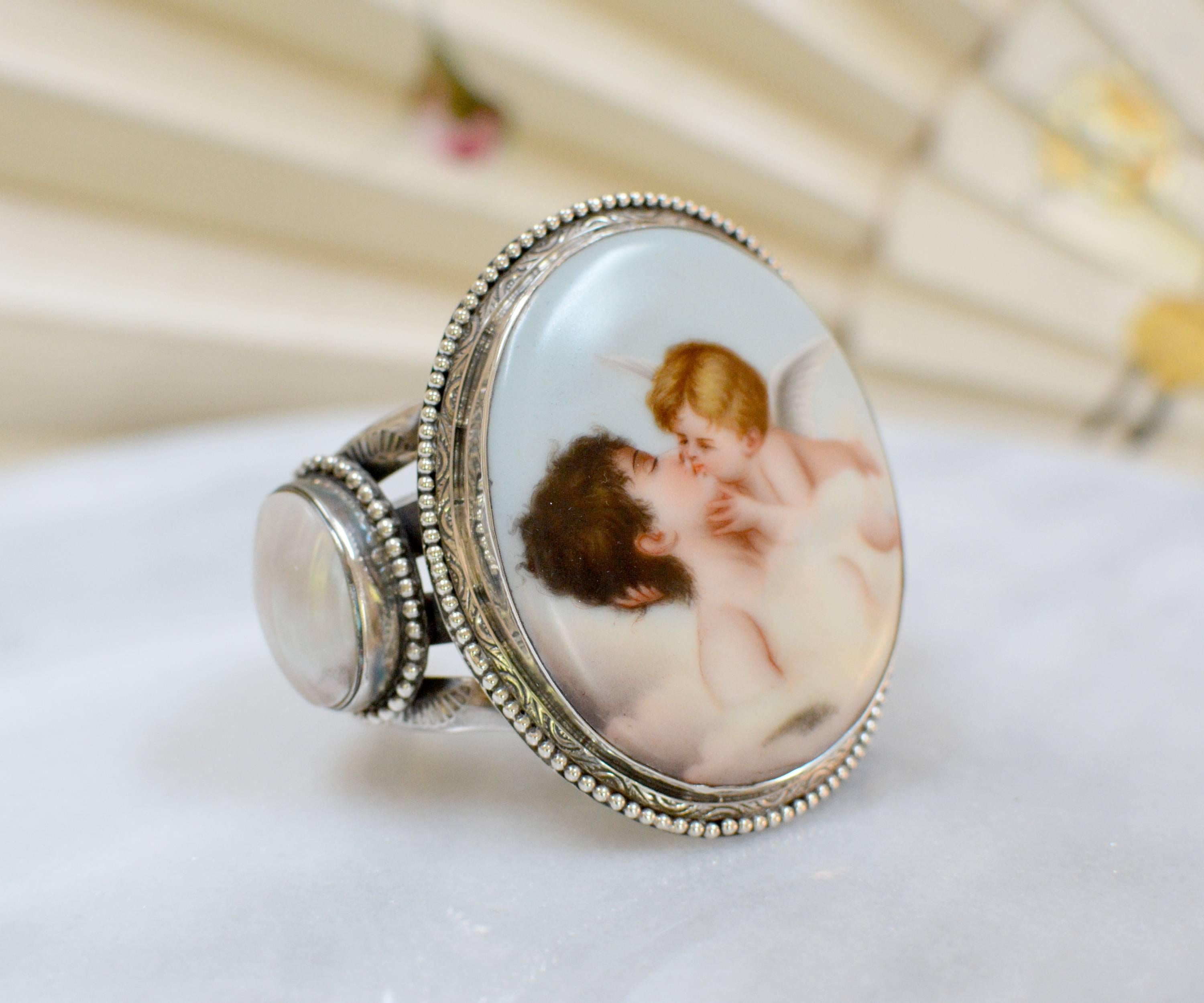 Oval Cut Jill Garber Antique French Porcelain Cupids Kiss & Mother-of-Pearl Cuff Bracelet For Sale