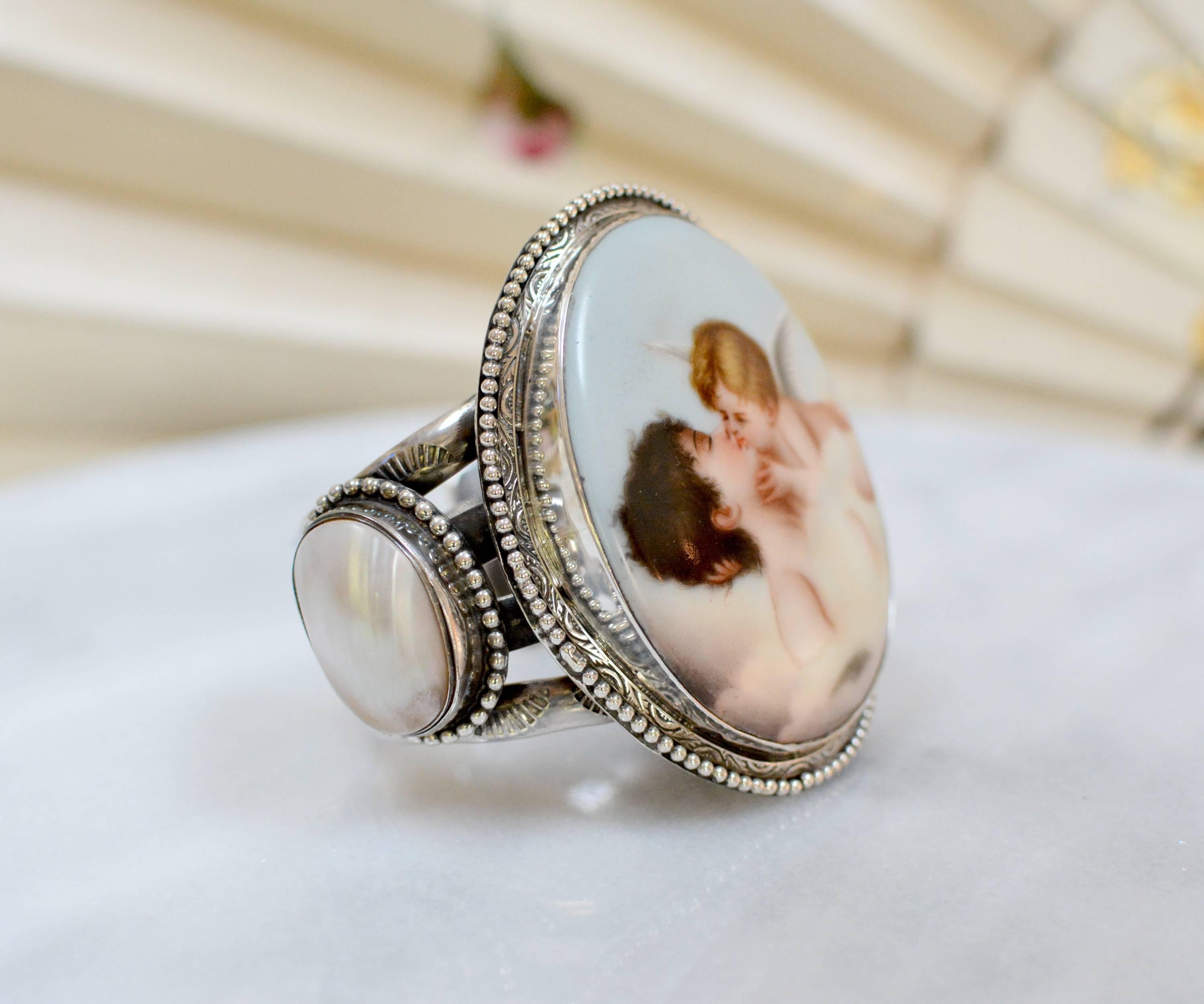 Jill Garber Antique French Porcelain Cupids Kiss & Mother-of-Pearl Cuff Bracelet In Excellent Condition For Sale In Saginaw, MI