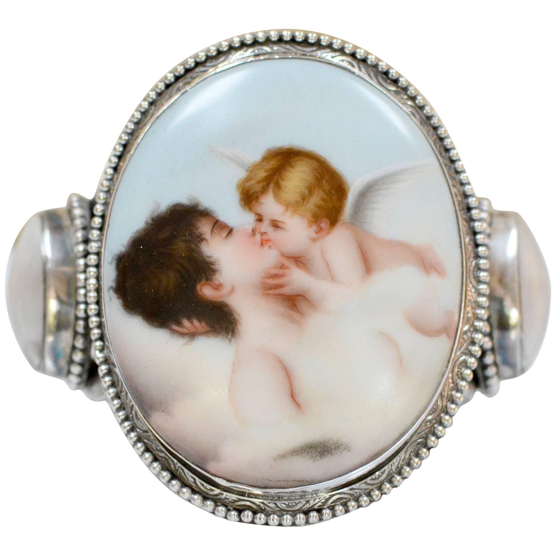 Jill Garber Antique French Porcelain Cupids Kiss & Mother-of-Pearl Cuff Bracelet For Sale