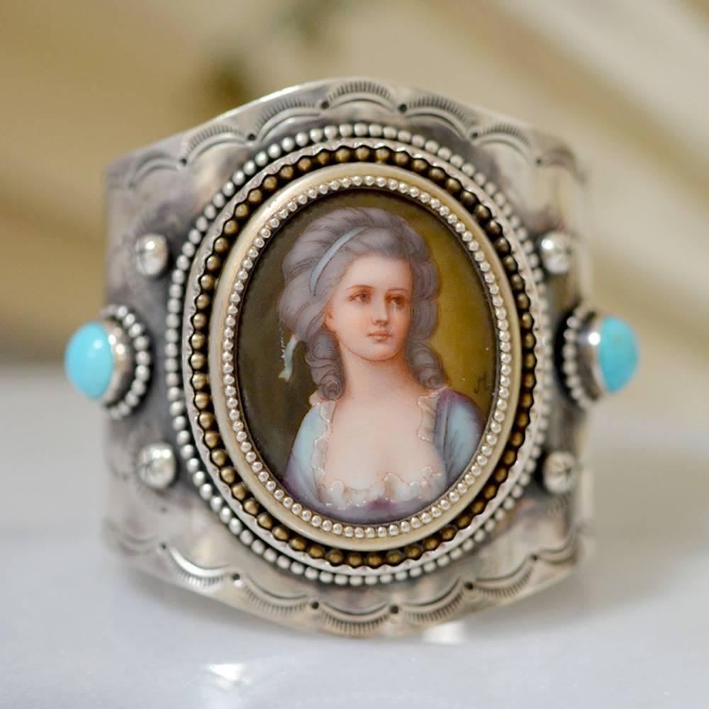 Baroque Jill Garber French Portrait Cuff with Turquoise in Sterling Silver and Vermeil