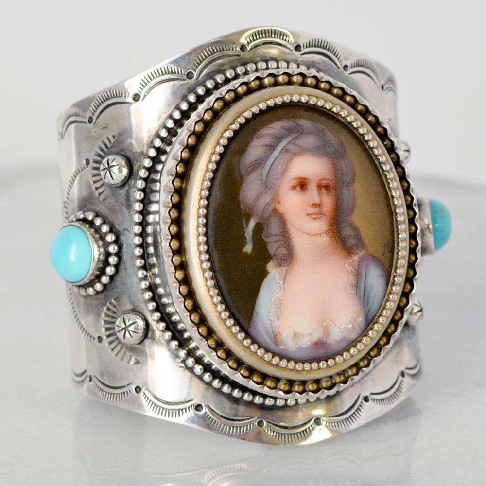 Round Cut Jill Garber French Portrait Cuff with Turquoise in Sterling Silver and Vermeil