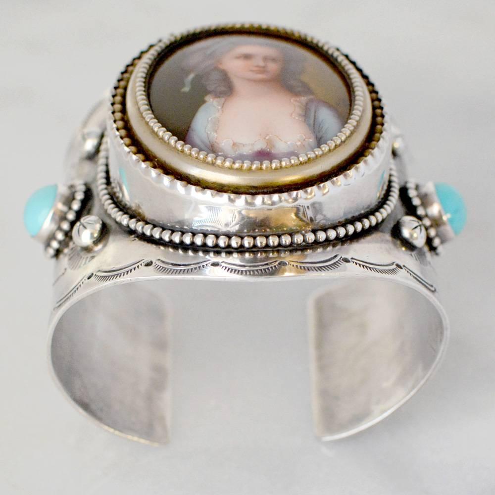 Jill Garber French Portrait Cuff with Turquoise in Sterling Silver and Vermeil In Excellent Condition In Saginaw, MI