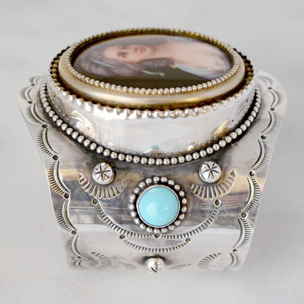 Women's or Men's Jill Garber French Portrait Cuff with Turquoise in Sterling Silver and Vermeil