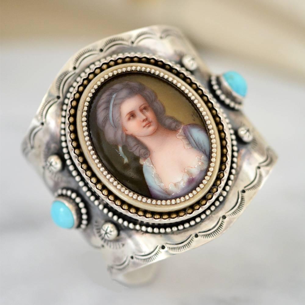 Jill Garber French Portrait Cuff with Turquoise in Sterling Silver and Vermeil 1