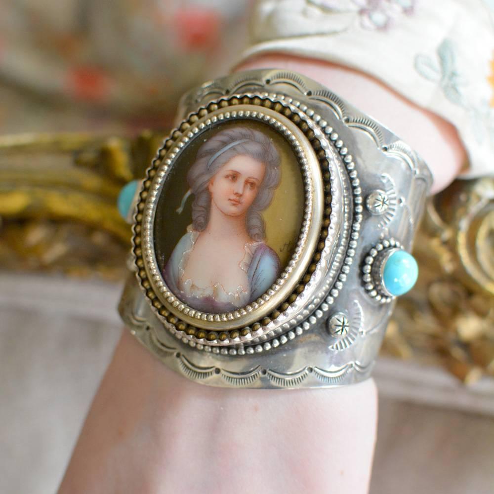 Jill Garber French Portrait Cuff with Turquoise in Sterling Silver and Vermeil 2