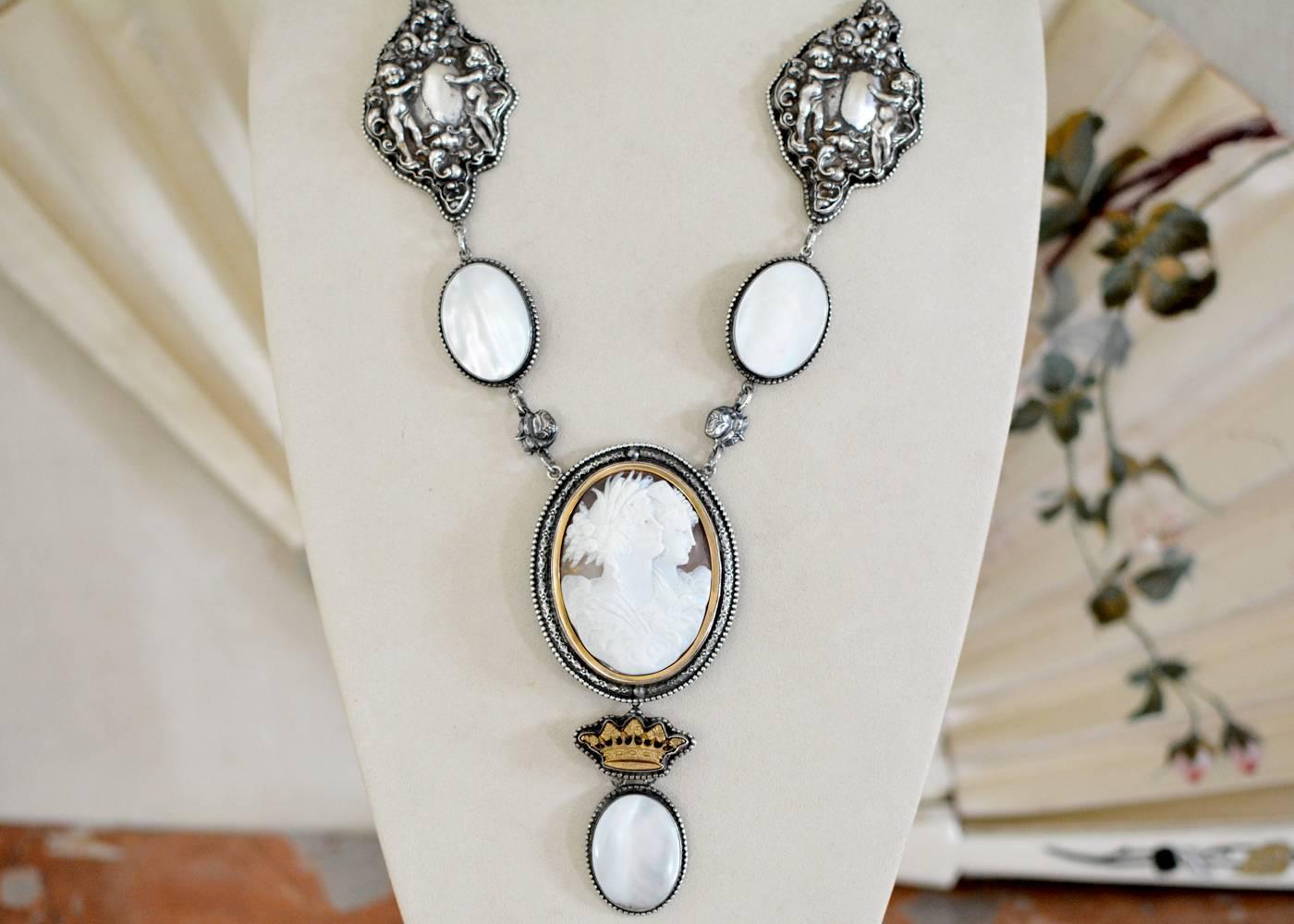 Early Victorian Jill Garber Goddesses Cameo with Mother-of-Pearl and Repousse Drop Necklace For Sale