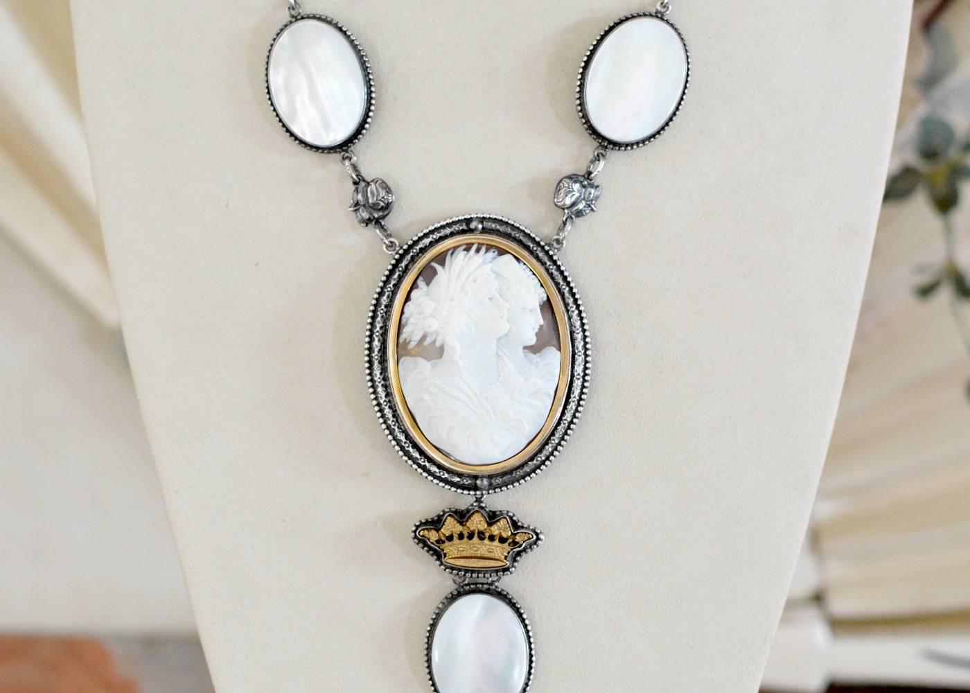 Oval Cut Jill Garber Goddesses Cameo with Mother-of-Pearl and Repousse Drop Necklace For Sale