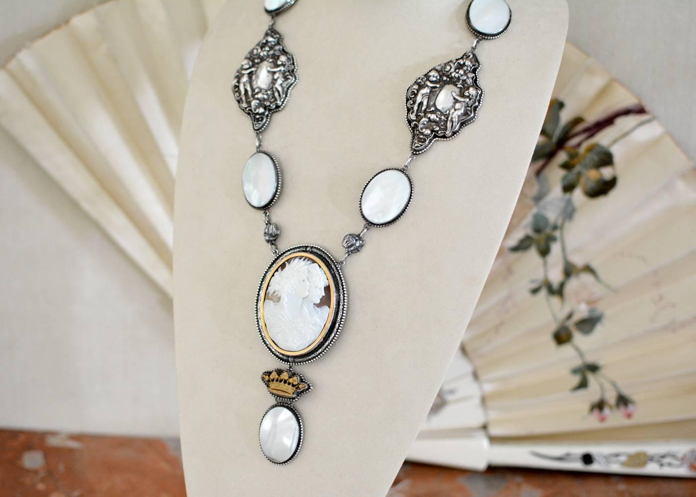 Jill Garber Goddesses Cameo with Mother-of-Pearl and Repousse Drop Necklace In Excellent Condition For Sale In Saginaw, MI