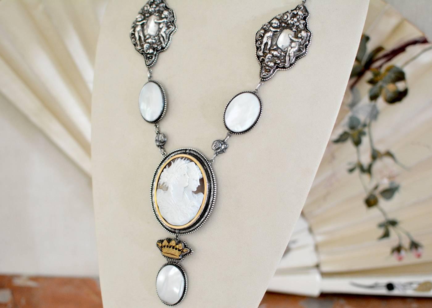 Women's or Men's Jill Garber Goddesses Cameo with Mother-of-Pearl and Repousse Drop Necklace For Sale