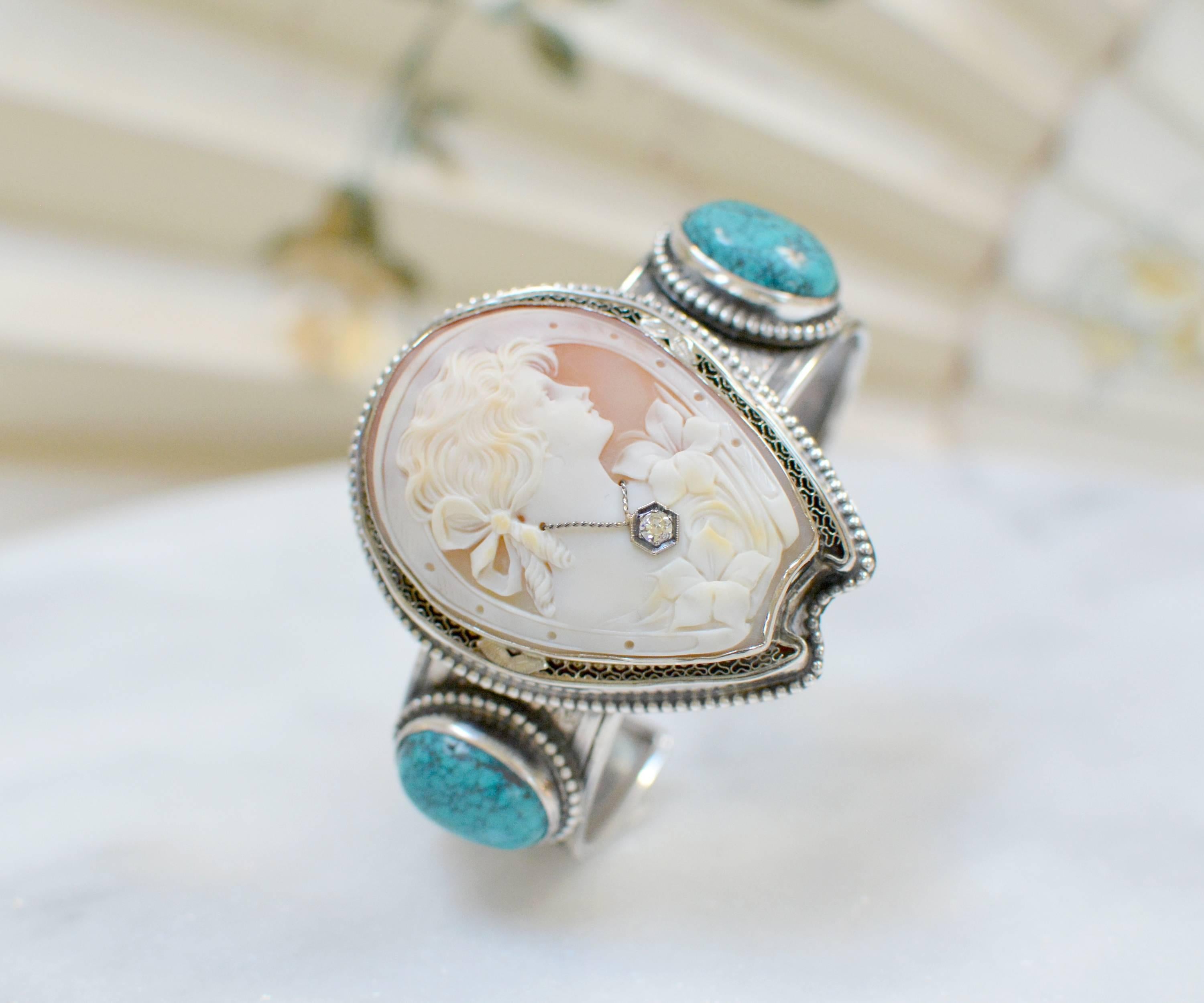 Jill Garber Fine Antique Horseshoe Cameo with Diamond and Turquoise Bracelet 4
