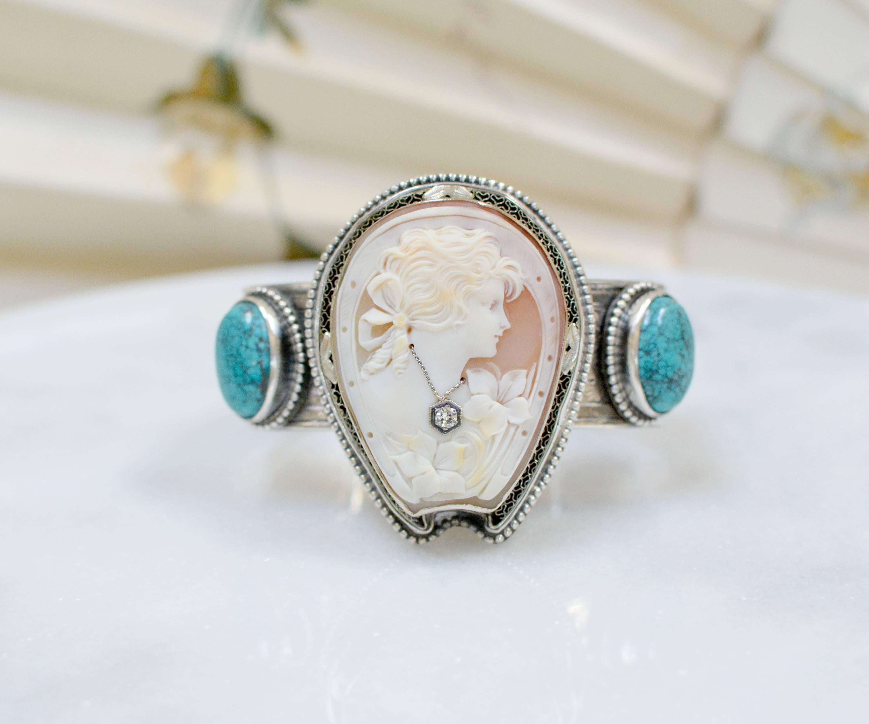 Jill Garber Fine Antique Horseshoe Cameo with Diamond and Turquoise Bracelet 5