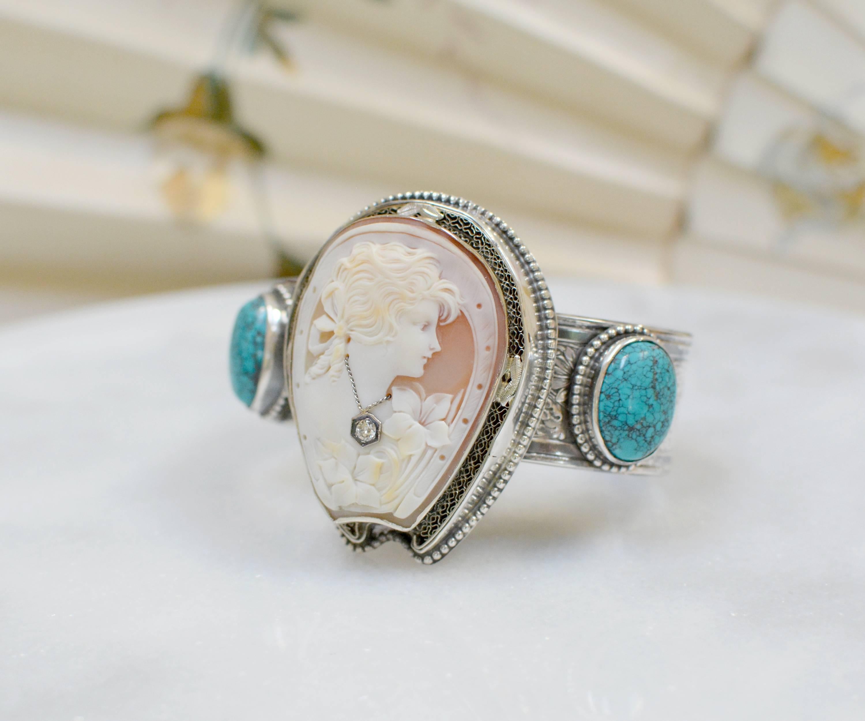 Artist Jill Garber Fine Antique Horseshoe Cameo with Diamond and Turquoise Bracelet