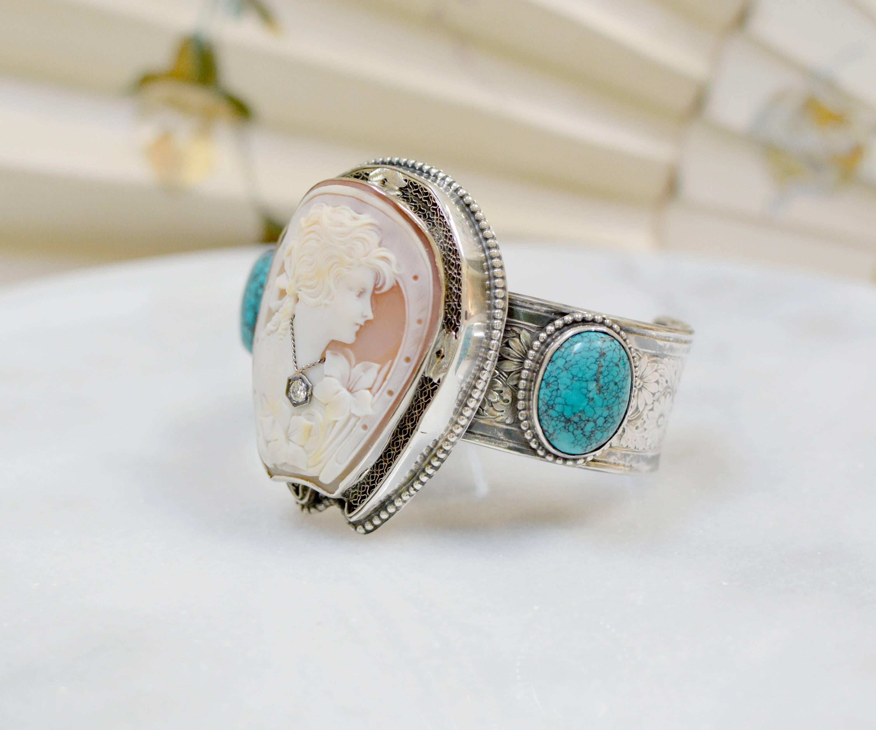 Oval Cut Jill Garber Fine Antique Horseshoe Cameo with Diamond and Turquoise Bracelet