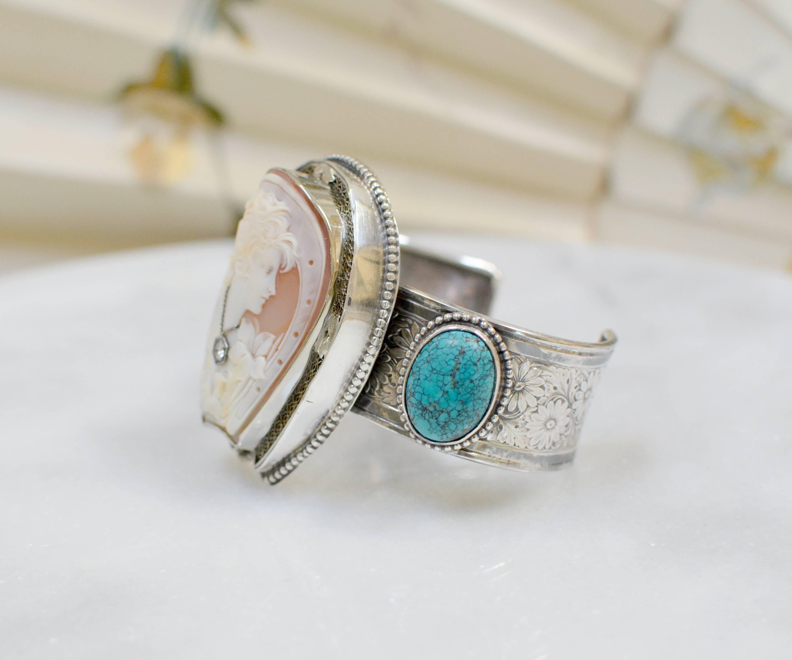 Jill Garber Fine Antique Horseshoe Cameo with Diamond and Turquoise Bracelet In Excellent Condition In Saginaw, MI