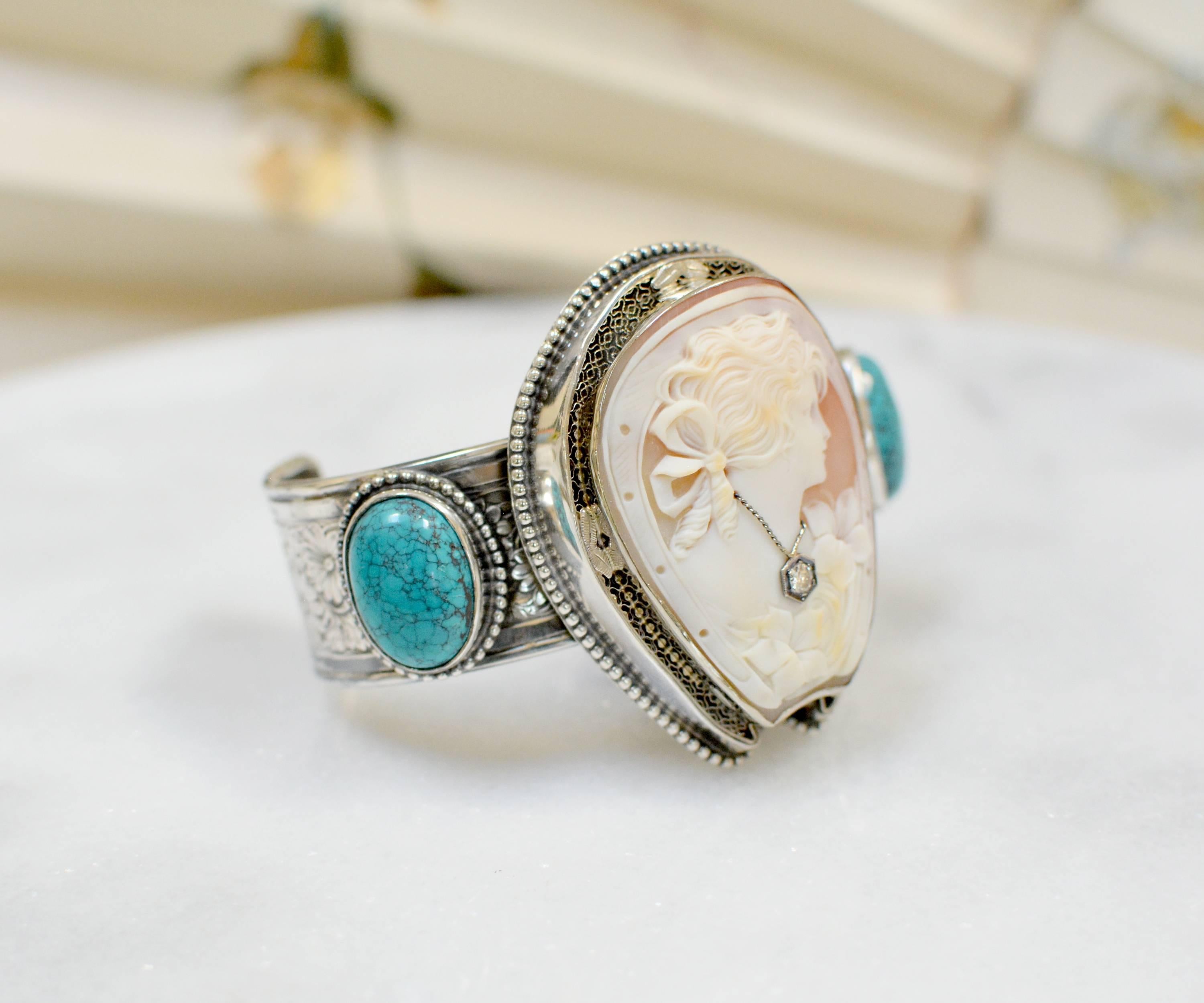 Jill Garber Fine Antique Horseshoe Cameo with Diamond and Turquoise Bracelet 2
