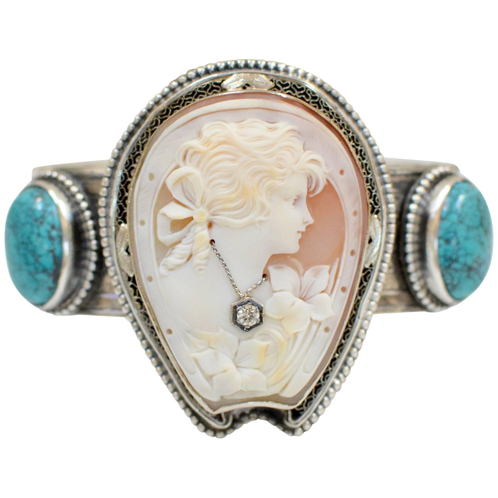 Jill Garber Fine Antique Horseshoe Cameo with Diamond and Turquoise Bracelet