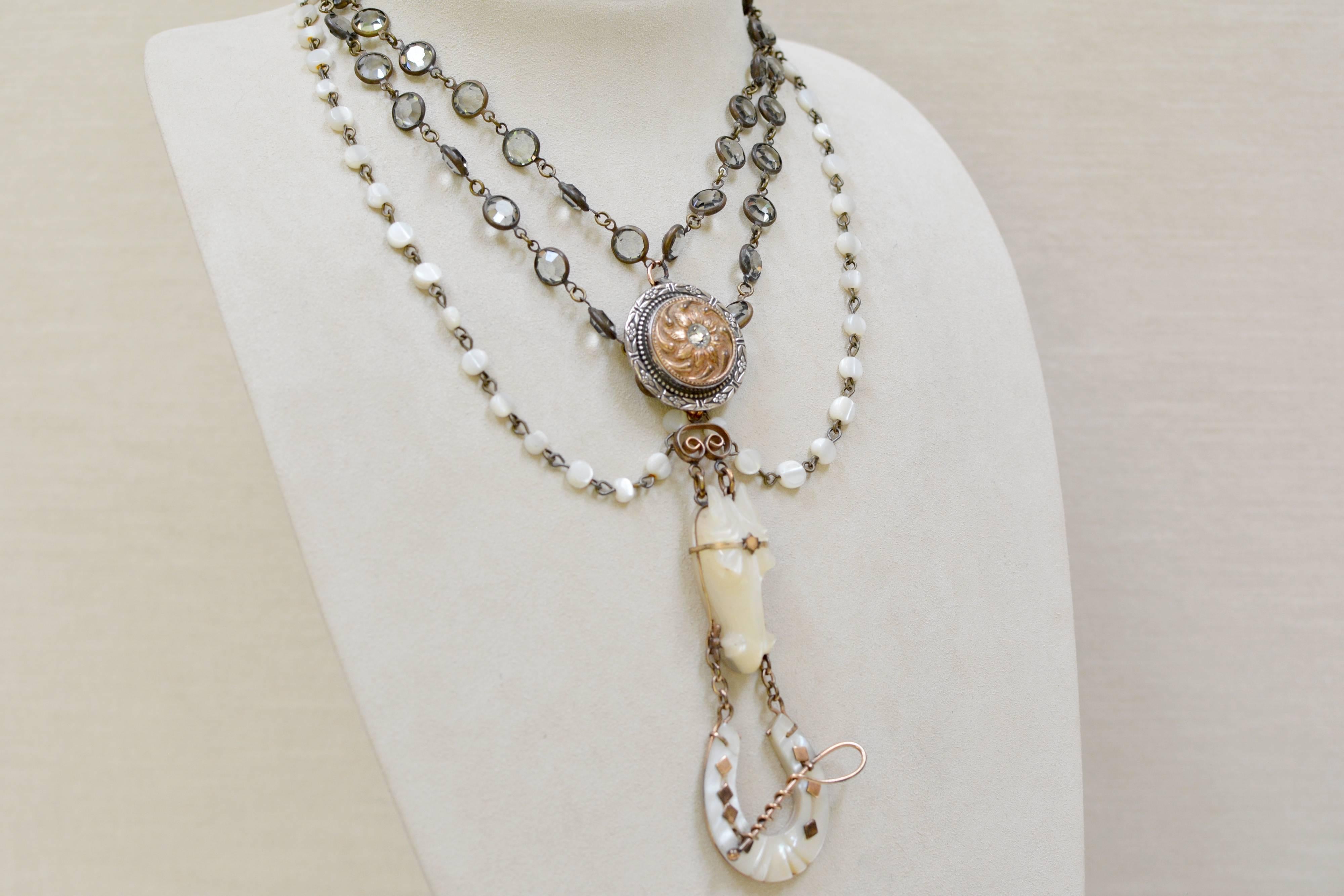 Gilded Age Jill Garber Love Token Necklace with Rare Carved Antique Mother-of-Pearl Horse