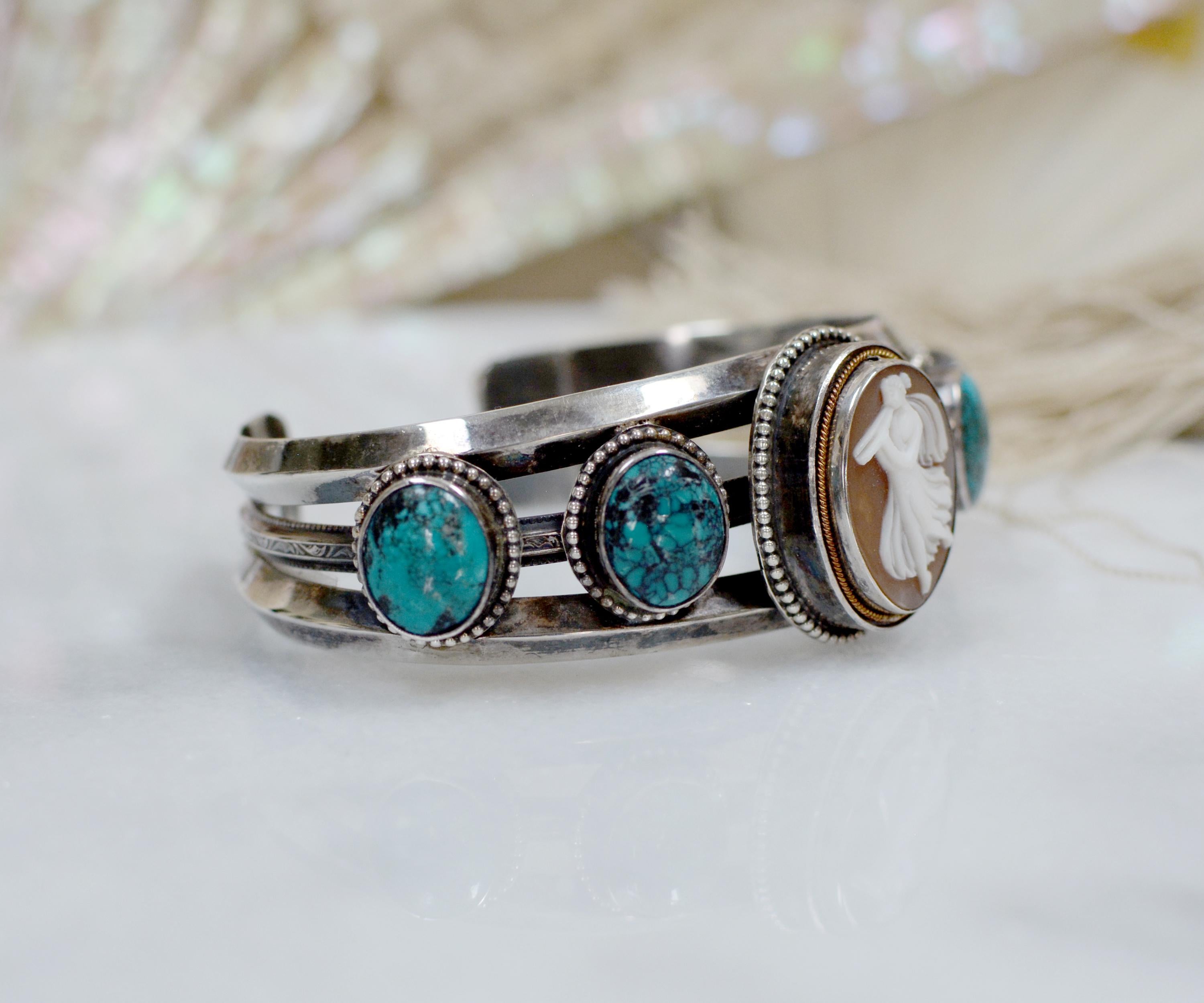 Jill Garber Pair Victorian Goddess Cameo Modern Cuff Bracelets with Turquoise 5