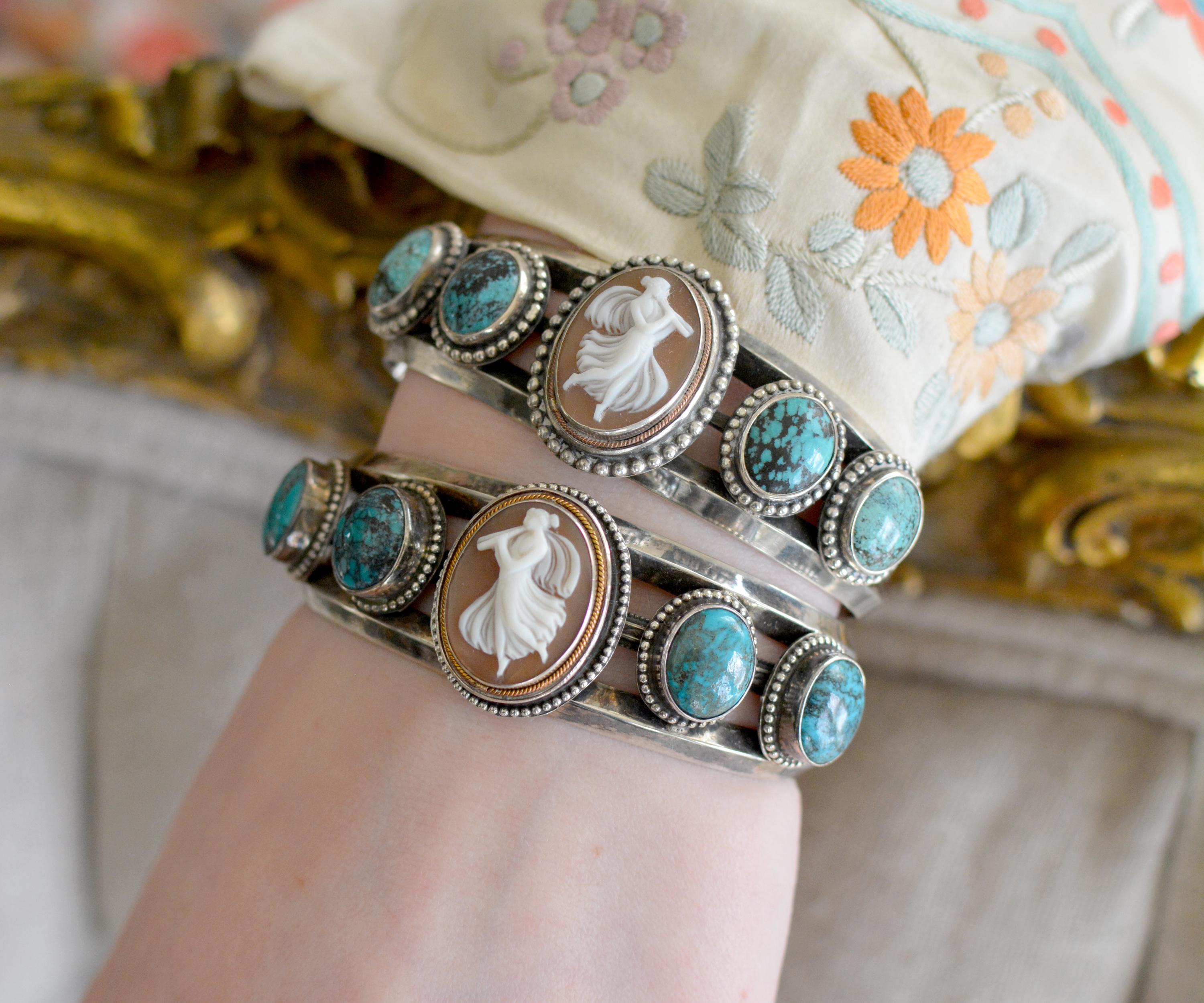 Jill Garber Pair Victorian Goddess Cameo Modern Cuff Bracelets with Turquoise 7