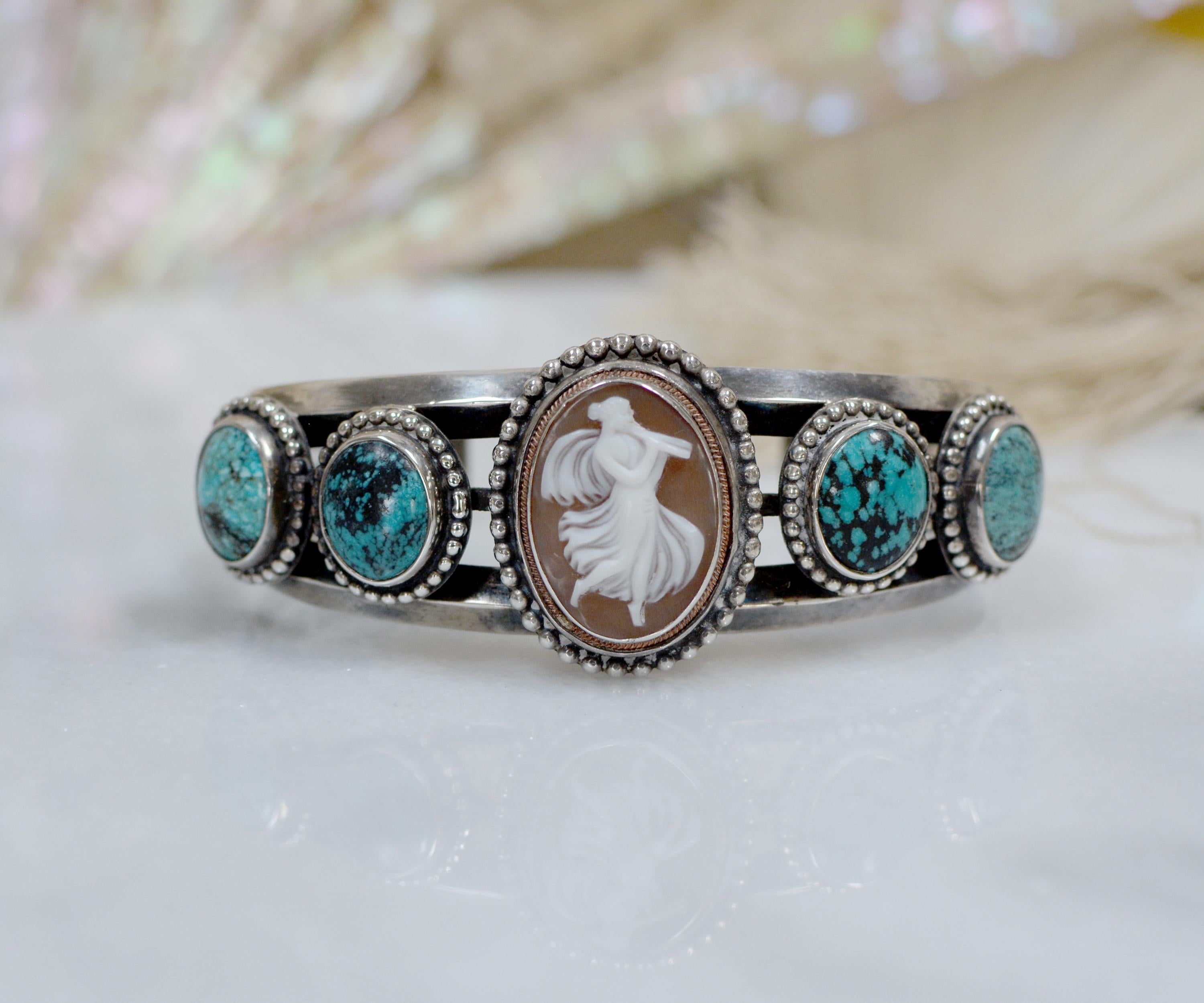 Women's or Men's Jill Garber Pair Victorian Goddess Cameo Modern Cuff Bracelets with Turquoise