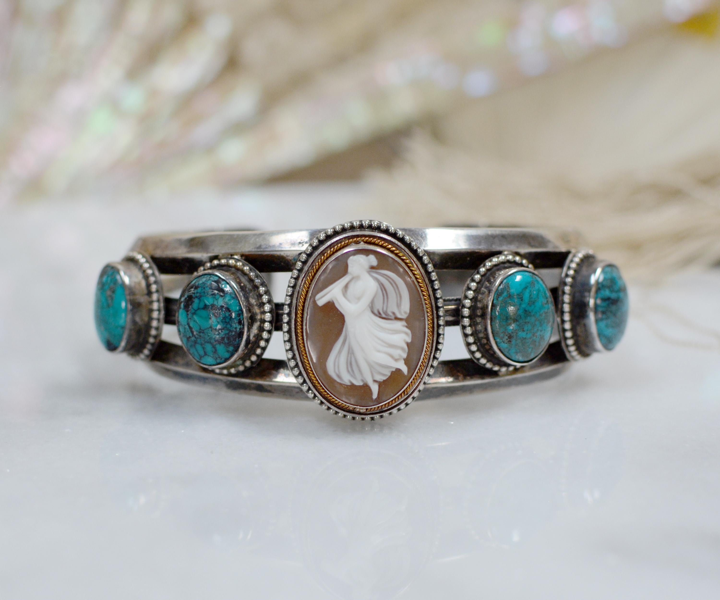 Jill Garber Pair Victorian Goddess Cameo Modern Cuff Bracelets with Turquoise 1