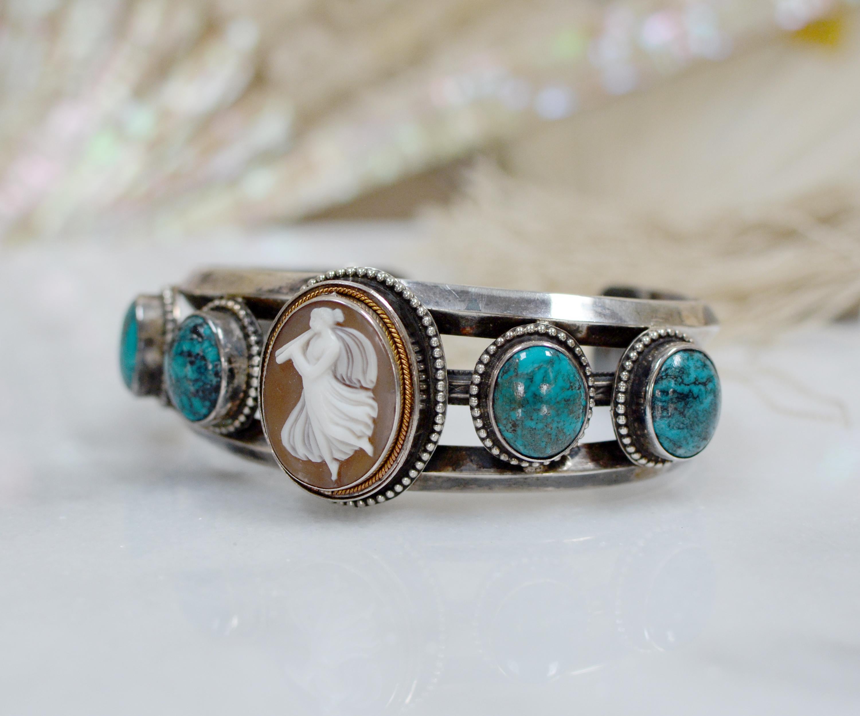 Jill Garber Pair Victorian Goddess Cameo Modern Cuff Bracelets with Turquoise 2