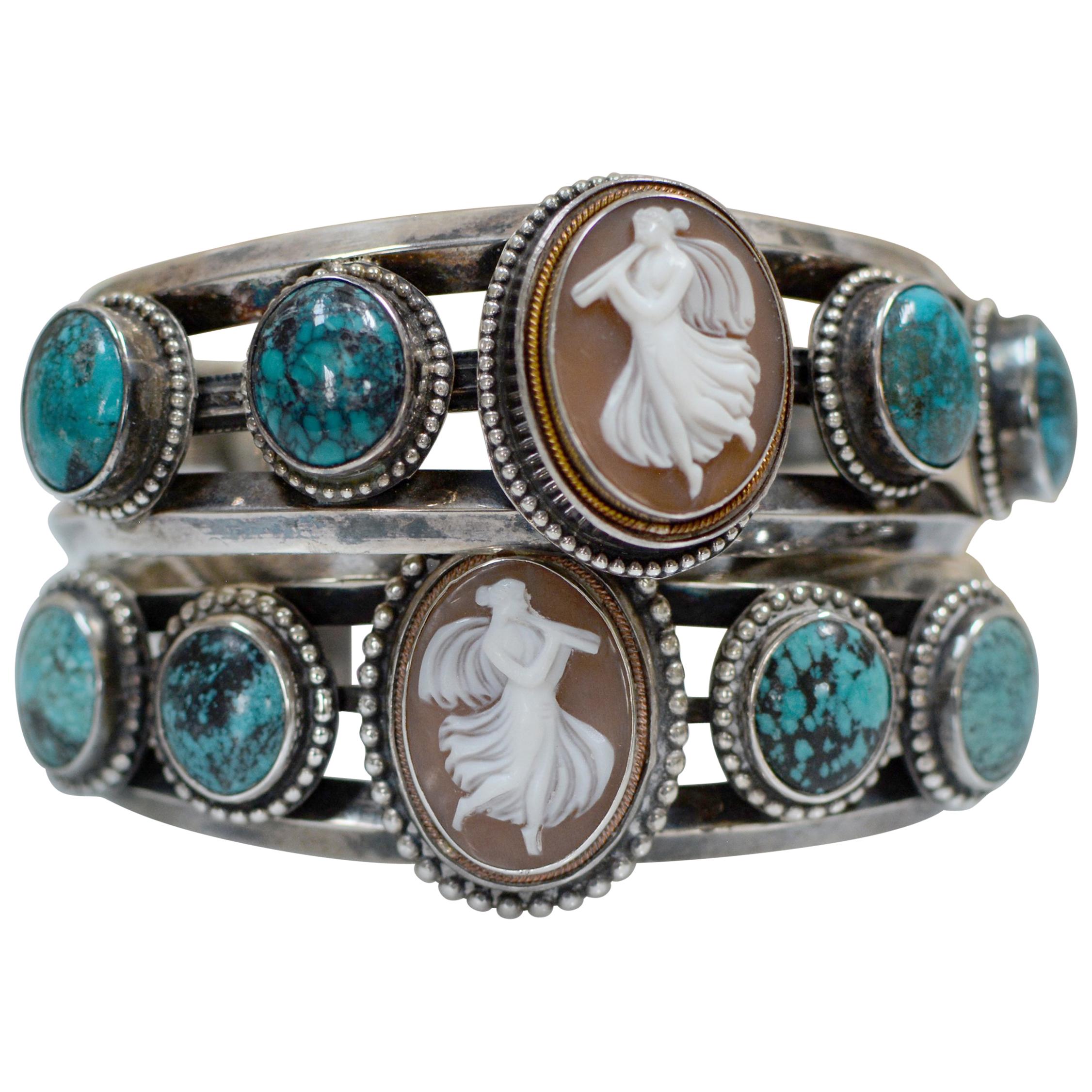 Jill Garber Pair Victorian Goddess Cameo Modern Cuff Bracelets with Turquoise
