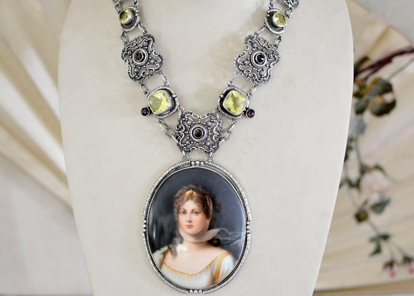 An important nineteenth century porcelain portrait attributed to KPM, depicting Queen Louise of Prussia becomes the important central element of this one of a kind Renaissance statement necklace. Elaborate collar like chaining consisting of
