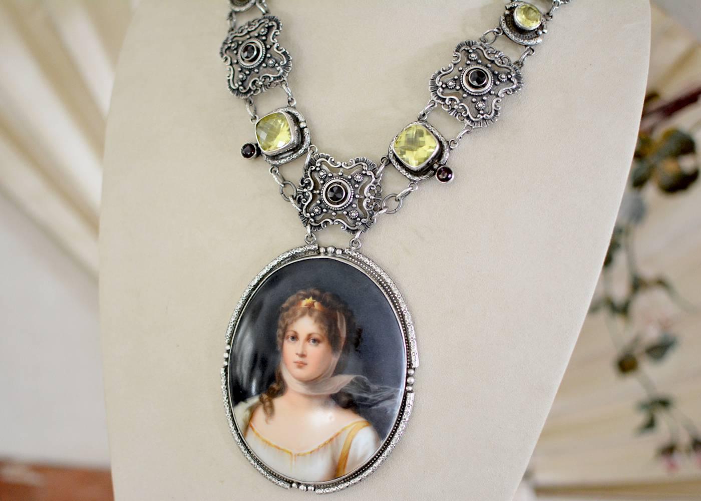 Trillion Cut Jill Garber Nineteenth Century Portrait Necklace with Garnets and Lemon Quartz For Sale