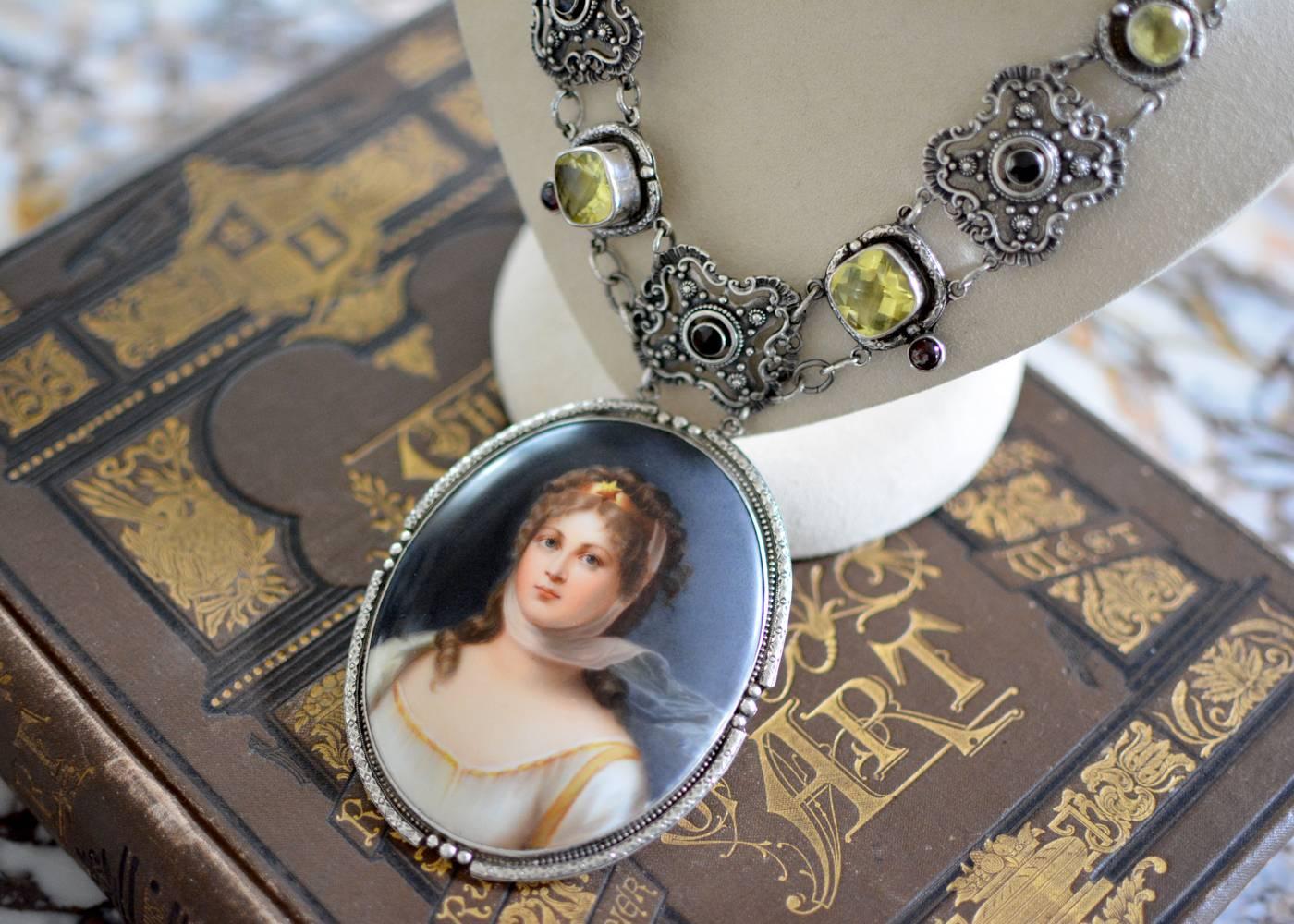 Jill Garber Nineteenth Century Portrait Necklace with Garnets and Lemon Quartz For Sale 2
