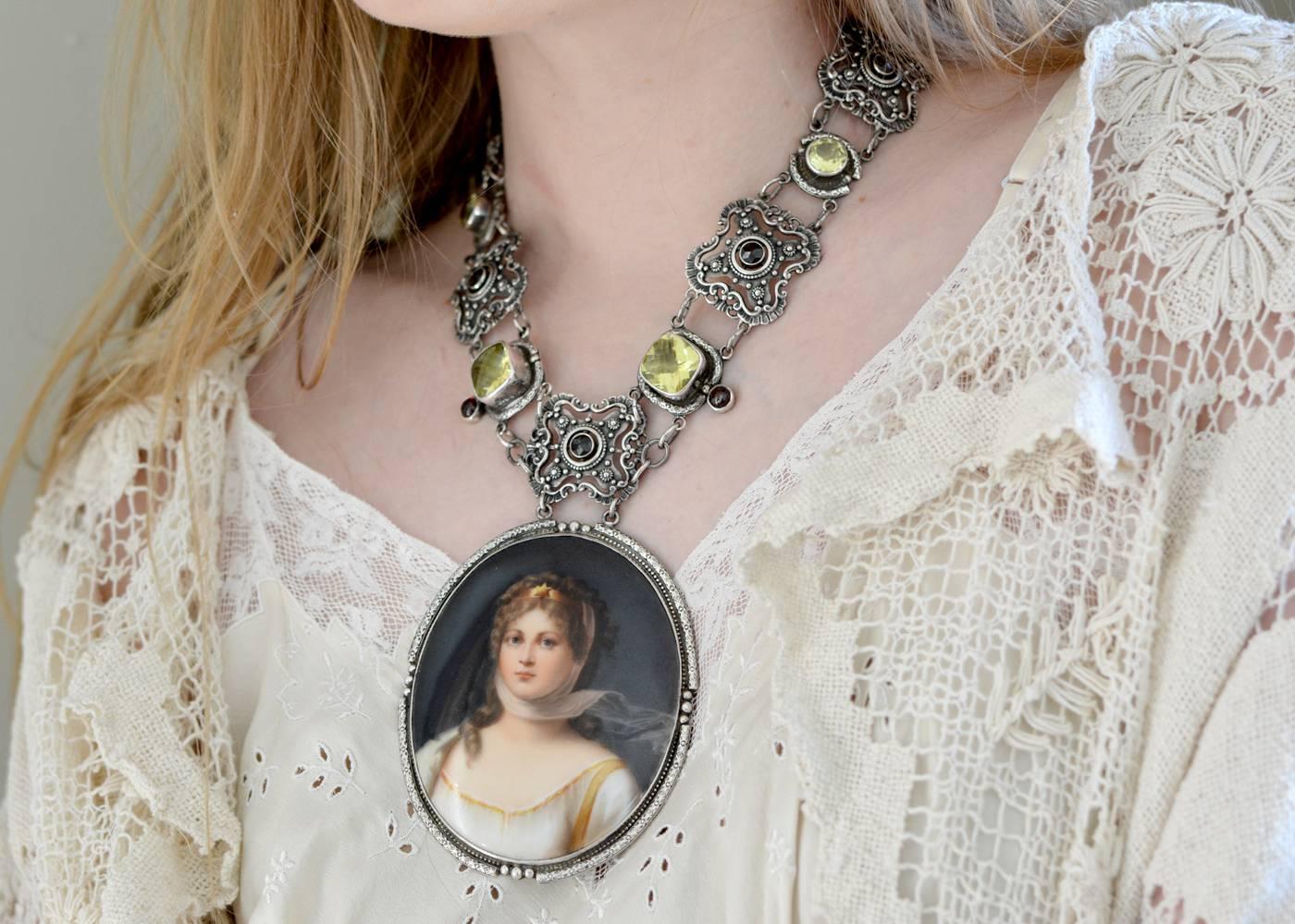 Jill Garber Nineteenth Century Portrait Necklace with Garnets and Lemon Quartz For Sale 3