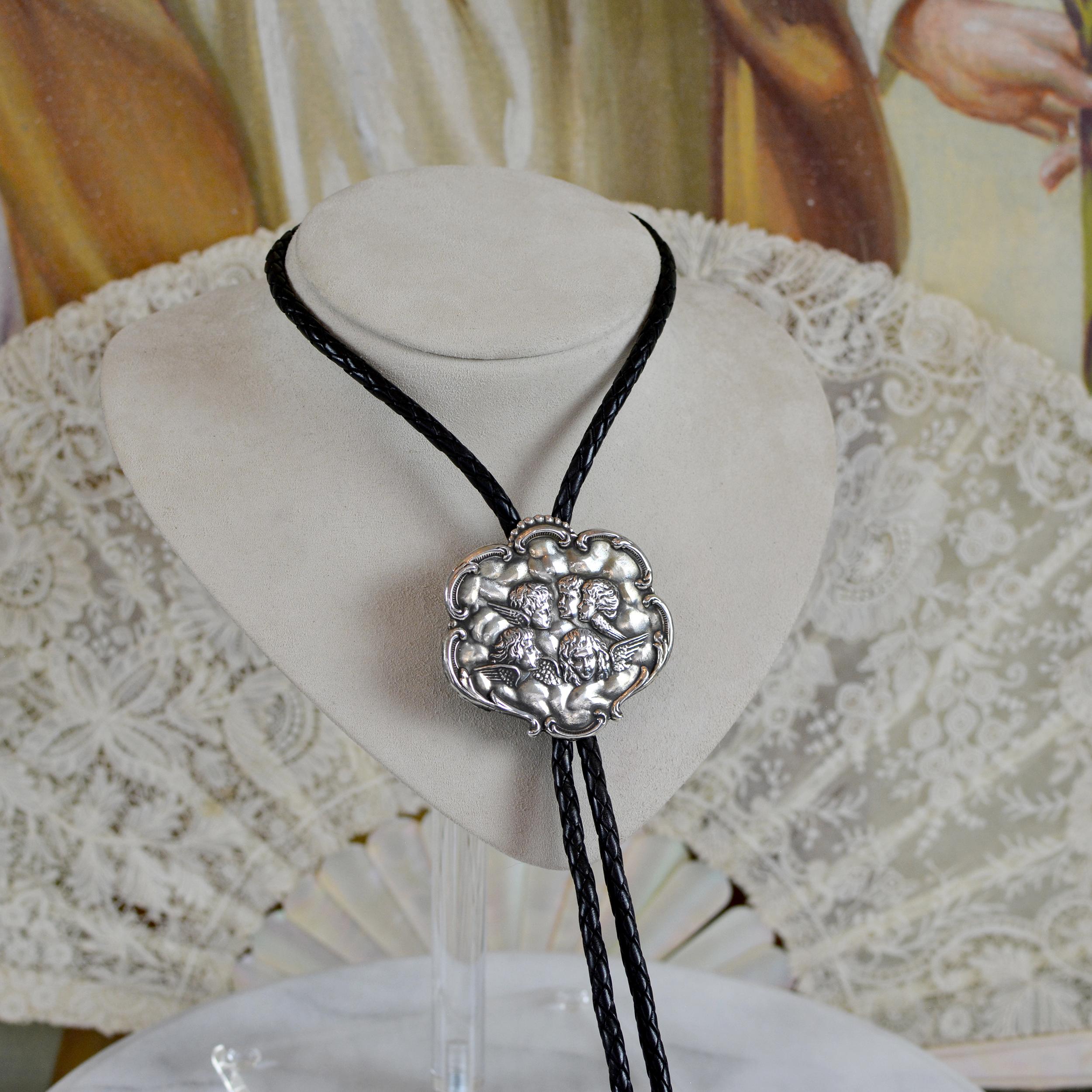 Jill Garber Figural Repousse' Renaissance Cherubim Bolo Tie in Sterling Silver For Sale 3