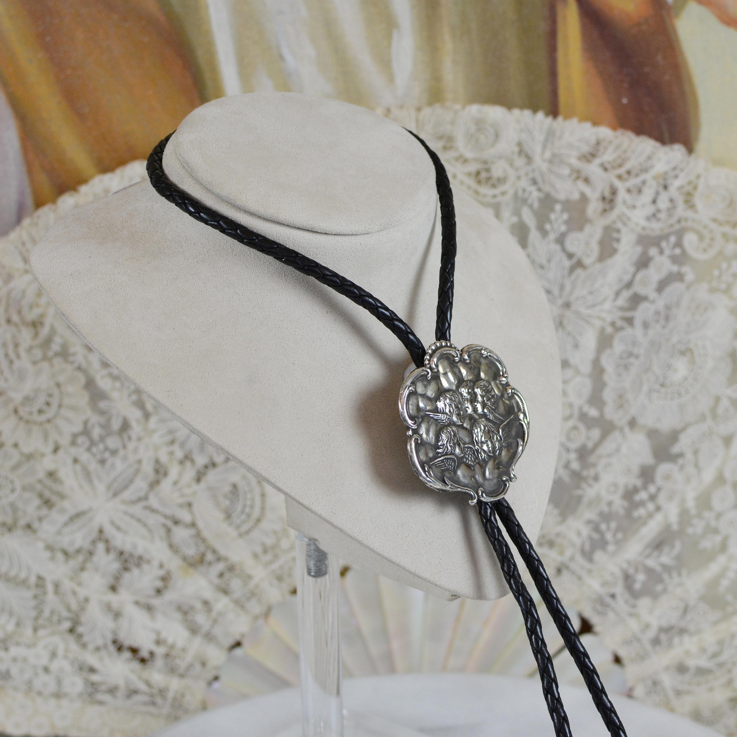Jill Garber Figural Repousse' Renaissance Cherubim Bolo Tie in Sterling Silver For Sale 4
