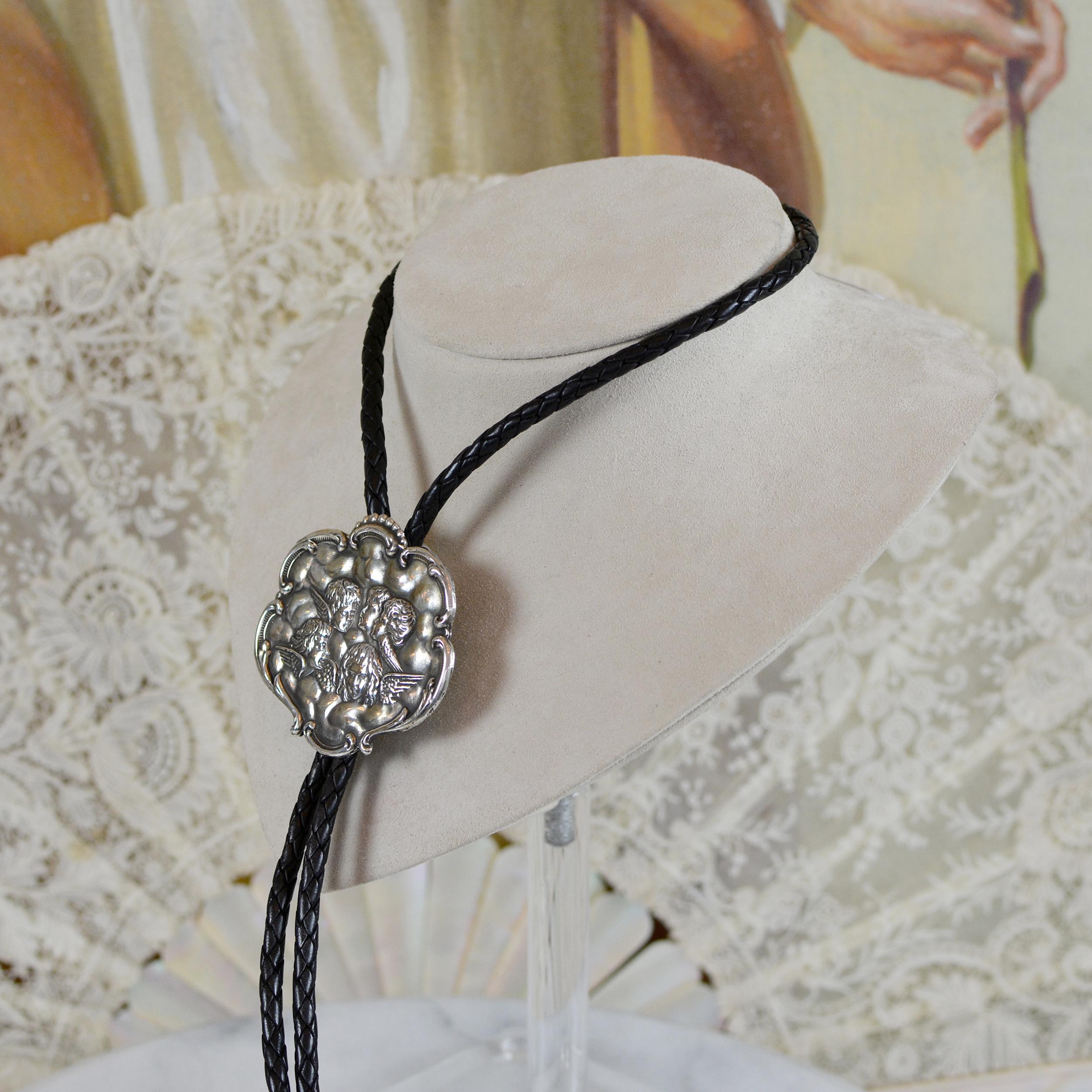 Jill Garber Figural Repousse' Renaissance Cherubim Bolo Tie in Sterling Silver For Sale 1