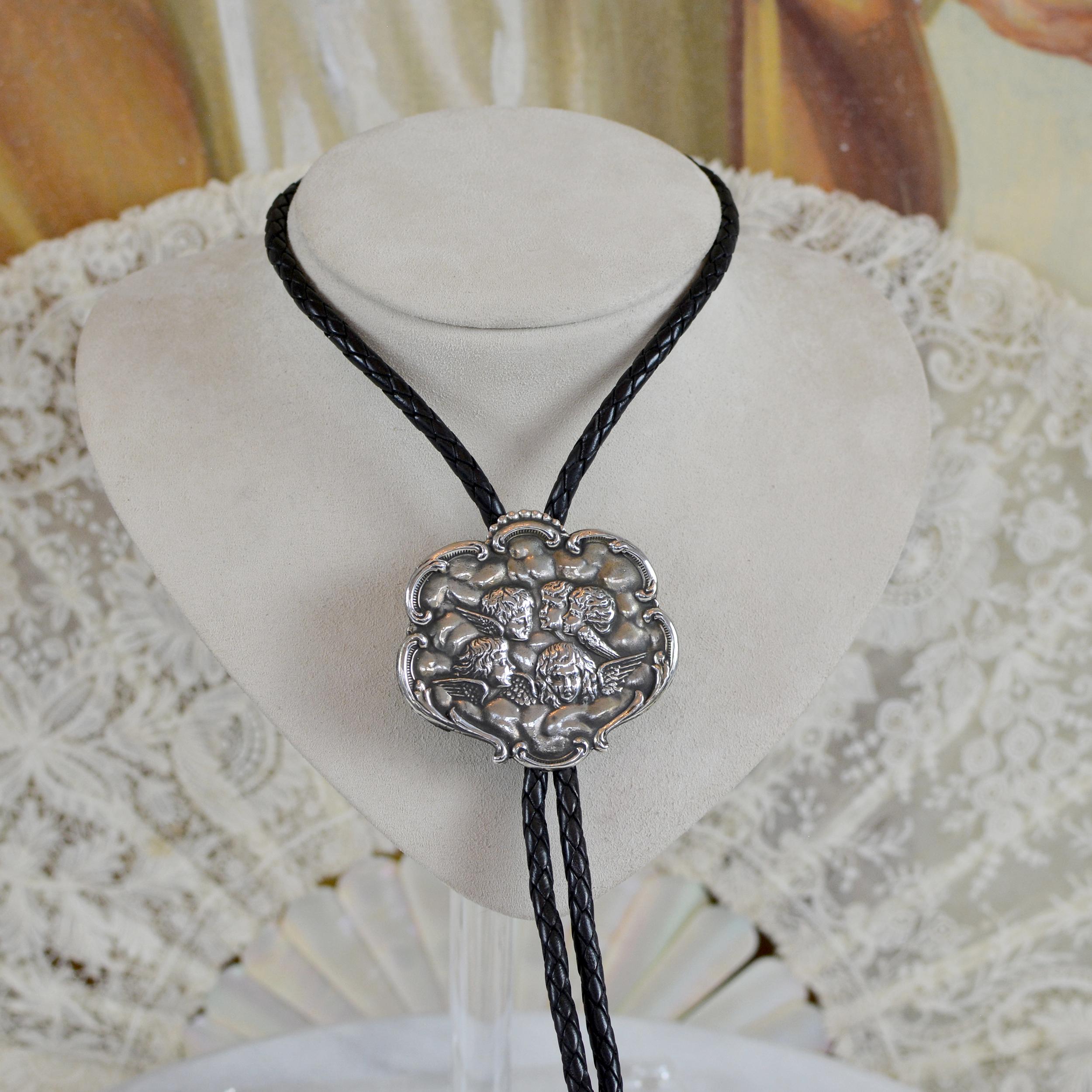 Jill Garber Figural Repousse' Renaissance Cherubim Bolo Tie in Sterling Silver For Sale 2