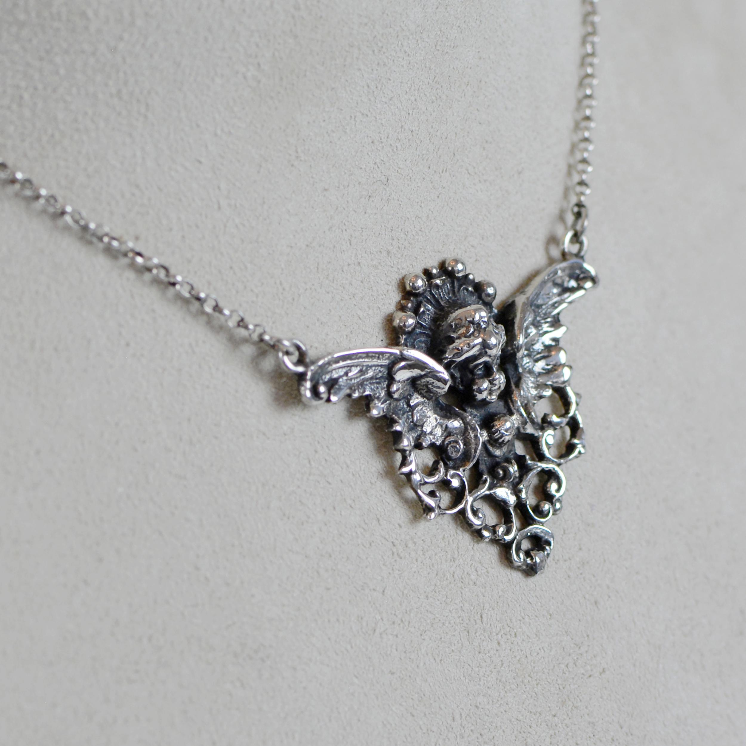 Jill Garber Rococo Winged Archangel Michael Pendant Necklace in Sterling Silver For Sale 4