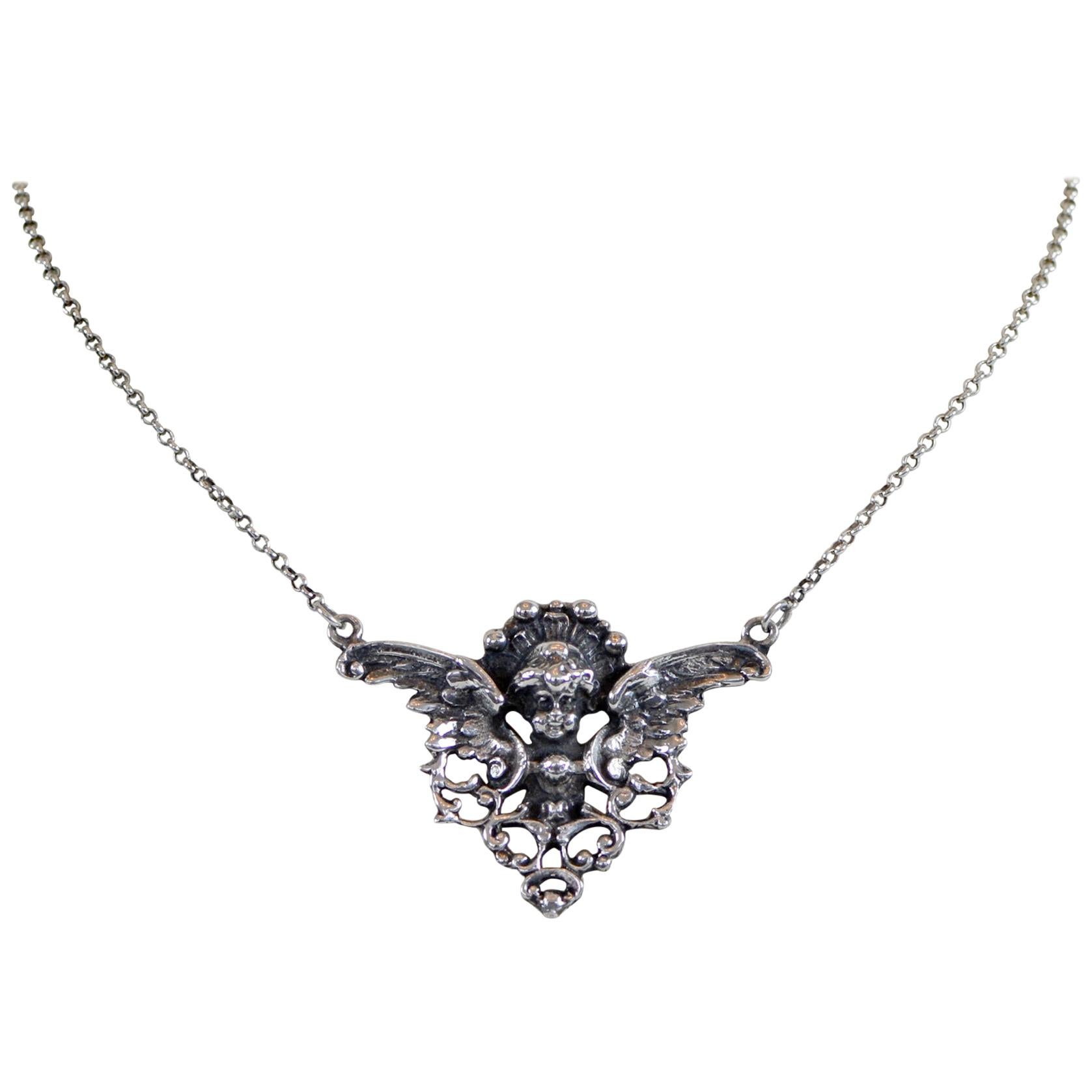 Jill Garber Rococo Winged Archangel Michael Pendant Necklace in Sterling Silver For Sale