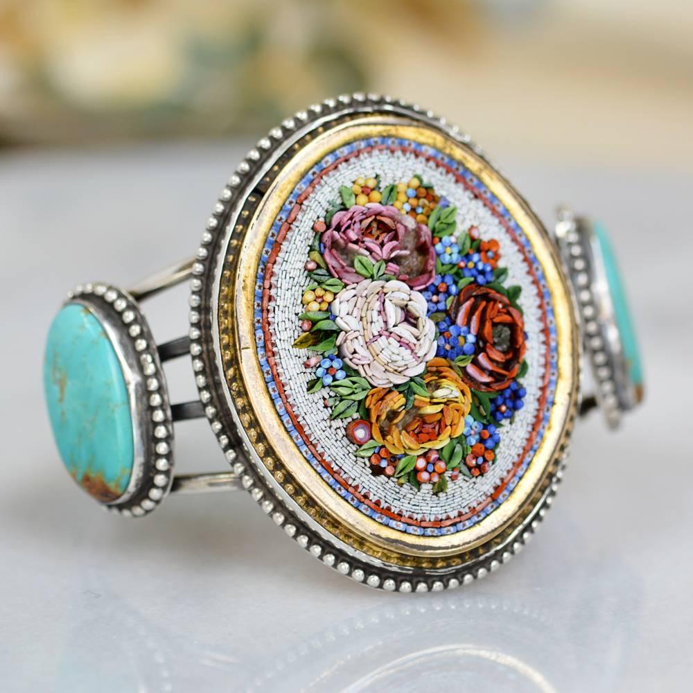 Oval Cut Jill Garber Antique Venetian Floral Micro Mosaic and Turquoise Cuff Bracelet