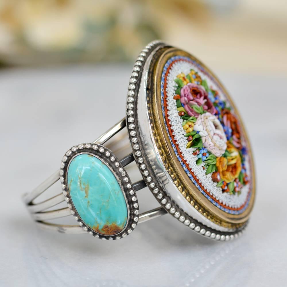 Jill Garber Antique Venetian Floral Micro Mosaic and Turquoise Cuff Bracelet In New Condition In Saginaw, MI
