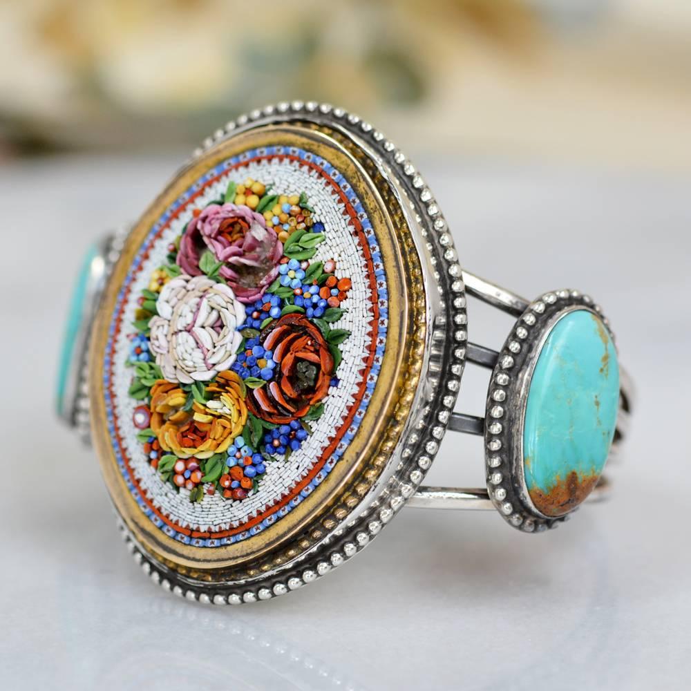 Women's or Men's Jill Garber Antique Venetian Floral Micro Mosaic and Turquoise Cuff Bracelet