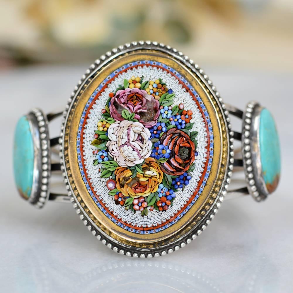 Jill Garber Antique Venetian Floral Micro Mosaic and Turquoise Cuff Bracelet 2