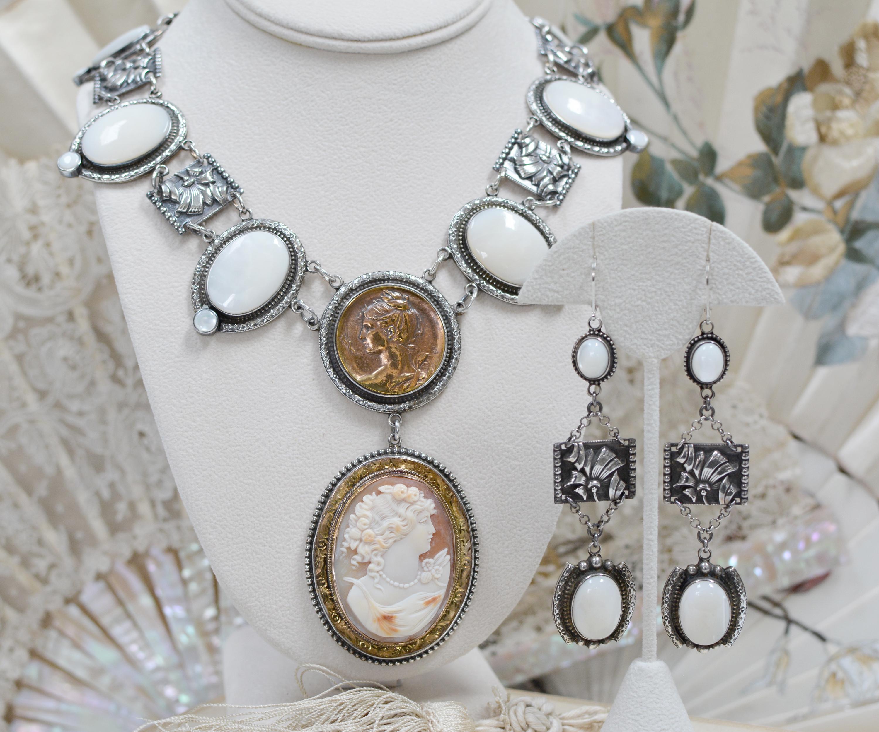 Jill Garber Nineteenth Century Goddess Cameo with Mother-of-Pearl Drop Necklace In Excellent Condition For Sale In Saginaw, MI