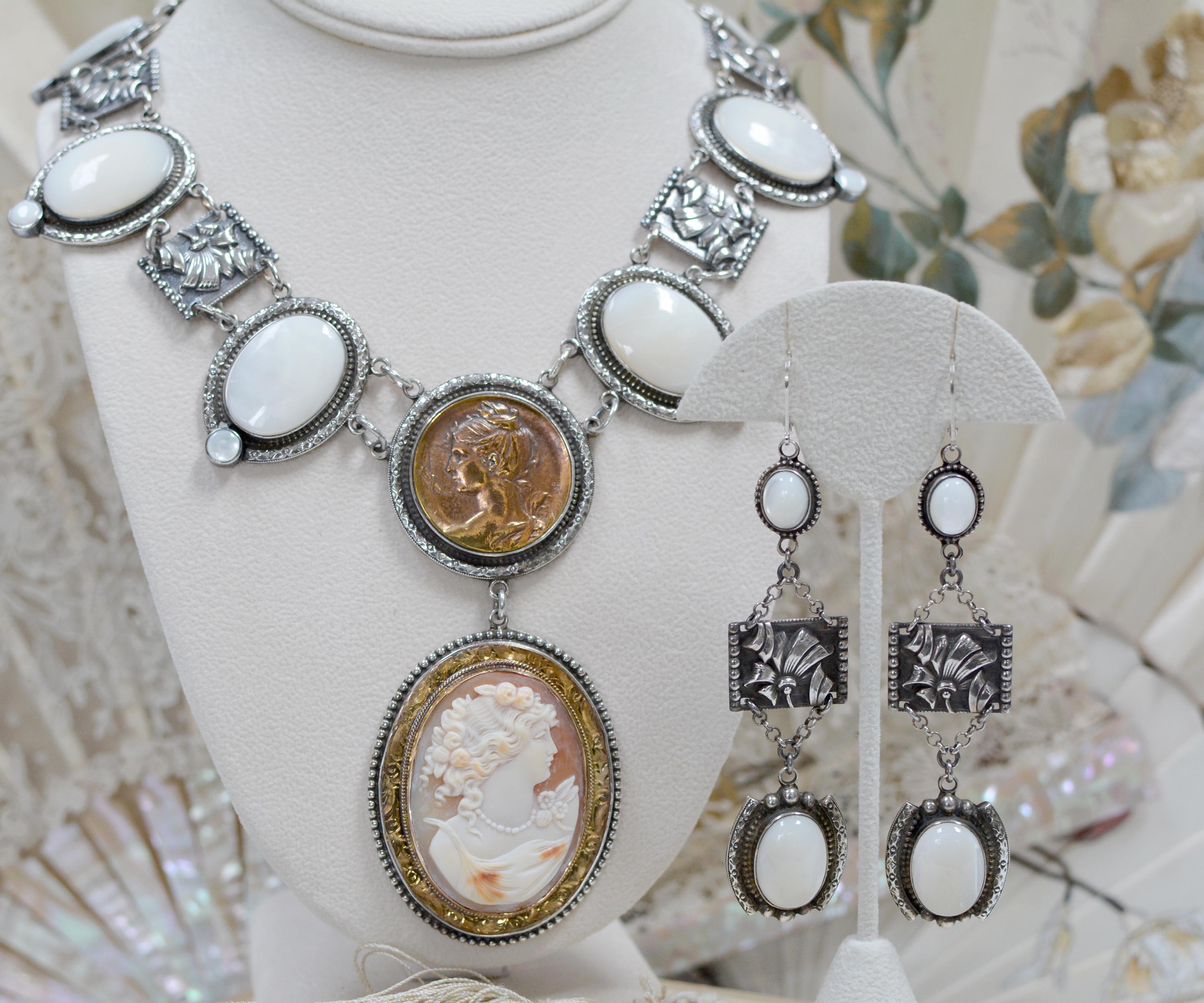 Women's or Men's Jill Garber Nineteenth Century Goddess Cameo with Mother-of-Pearl Drop Necklace For Sale