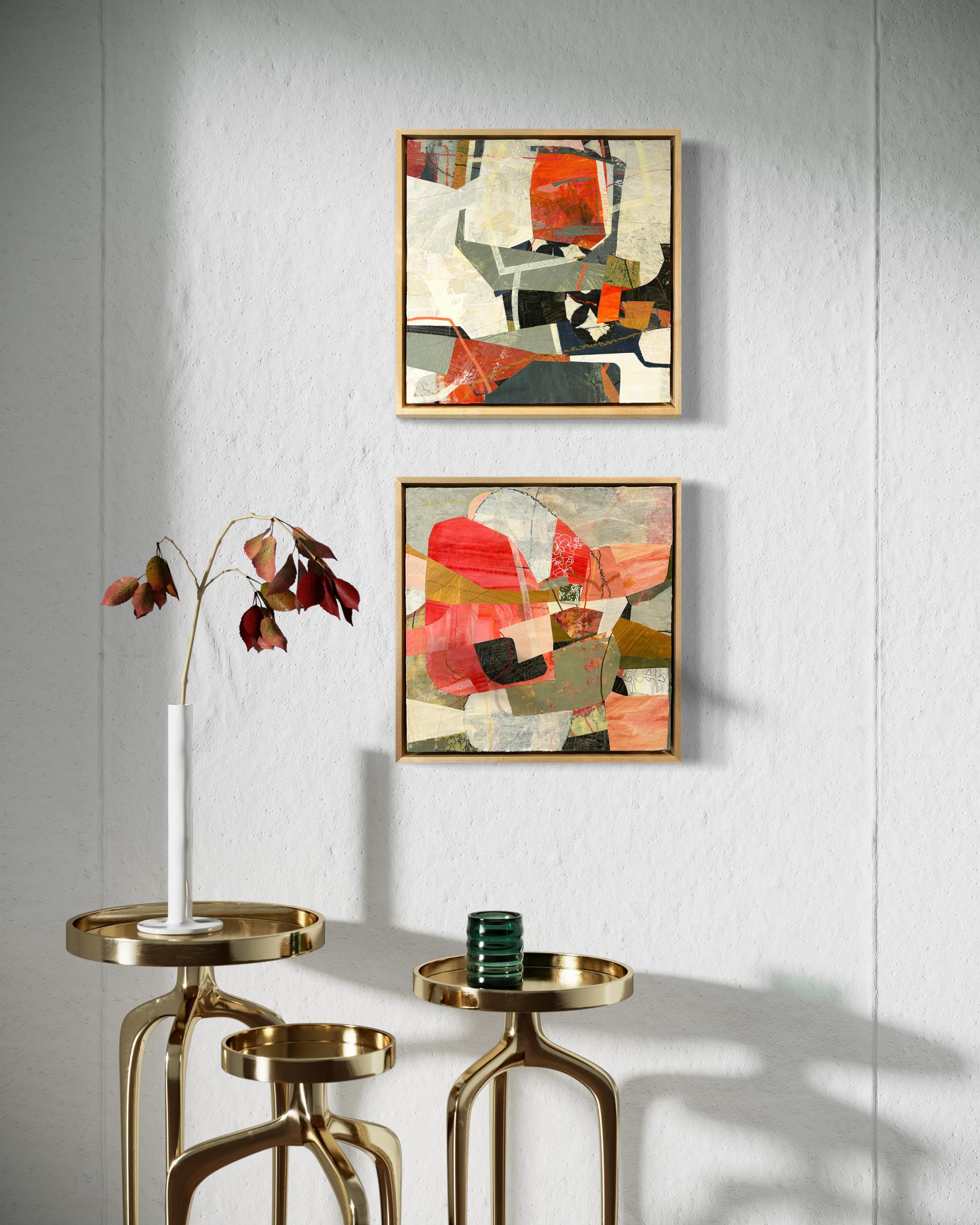 Diese zeitgenössische abstrakte Malerei von Jill Haas zeichnet sich durch einen zeitgenössischen Stil aus, der oft Themen der Introspektion und Emotionen durch abstrakte Formen und durchdachte Farbpaletten erkundet. Dieses Werk ist eine Collage aus