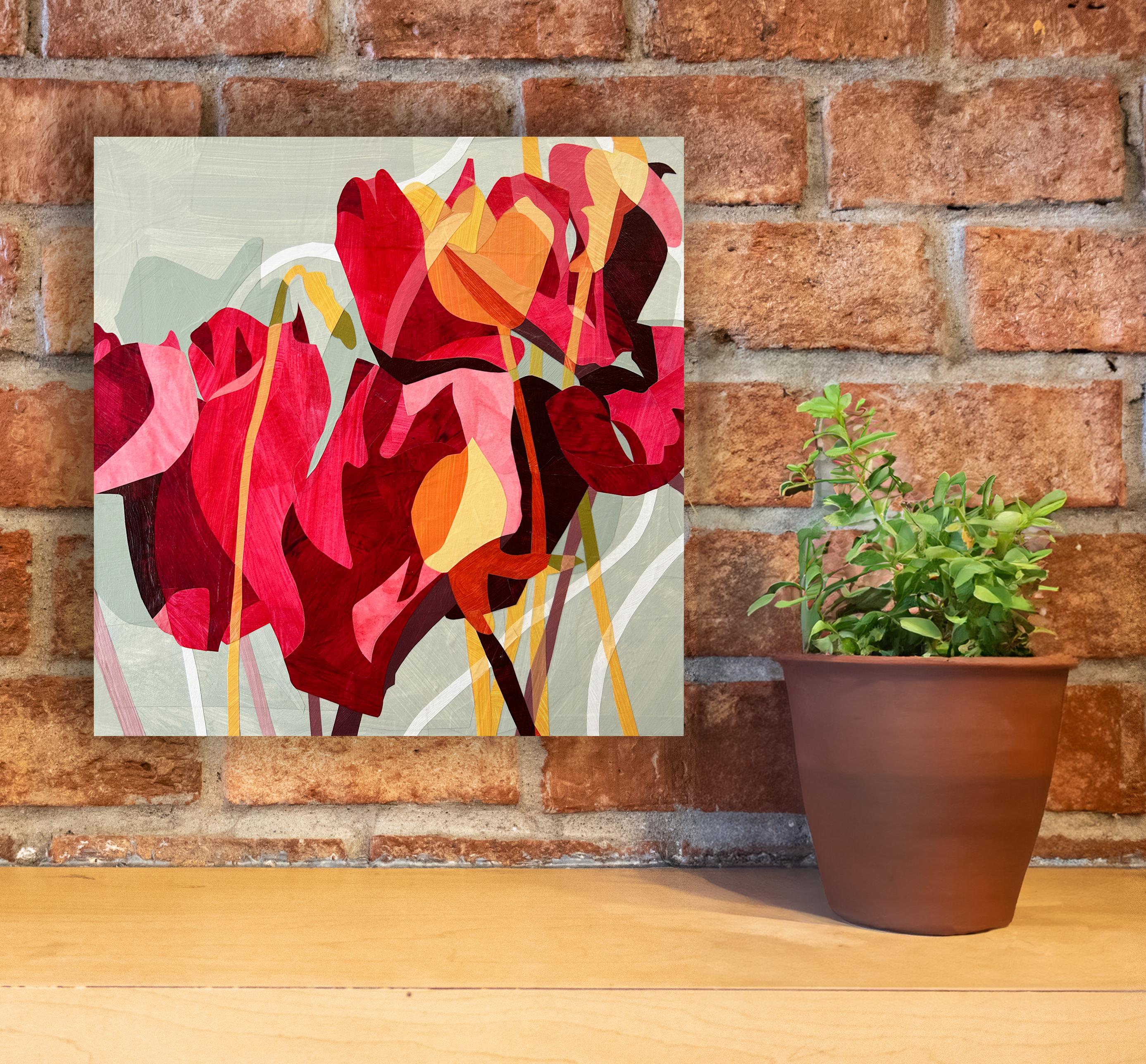 This contemporary abstract floral painting by Jill haas features a contemporary style, often exploring themes of introspection and emotion through abstract forms and thoughtful color palettes. This work is created in collage using hand-painted paper