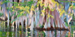 Pintura de paisaje de estilo impresionista, díptico, pantano, agua, óleo sobre tabla