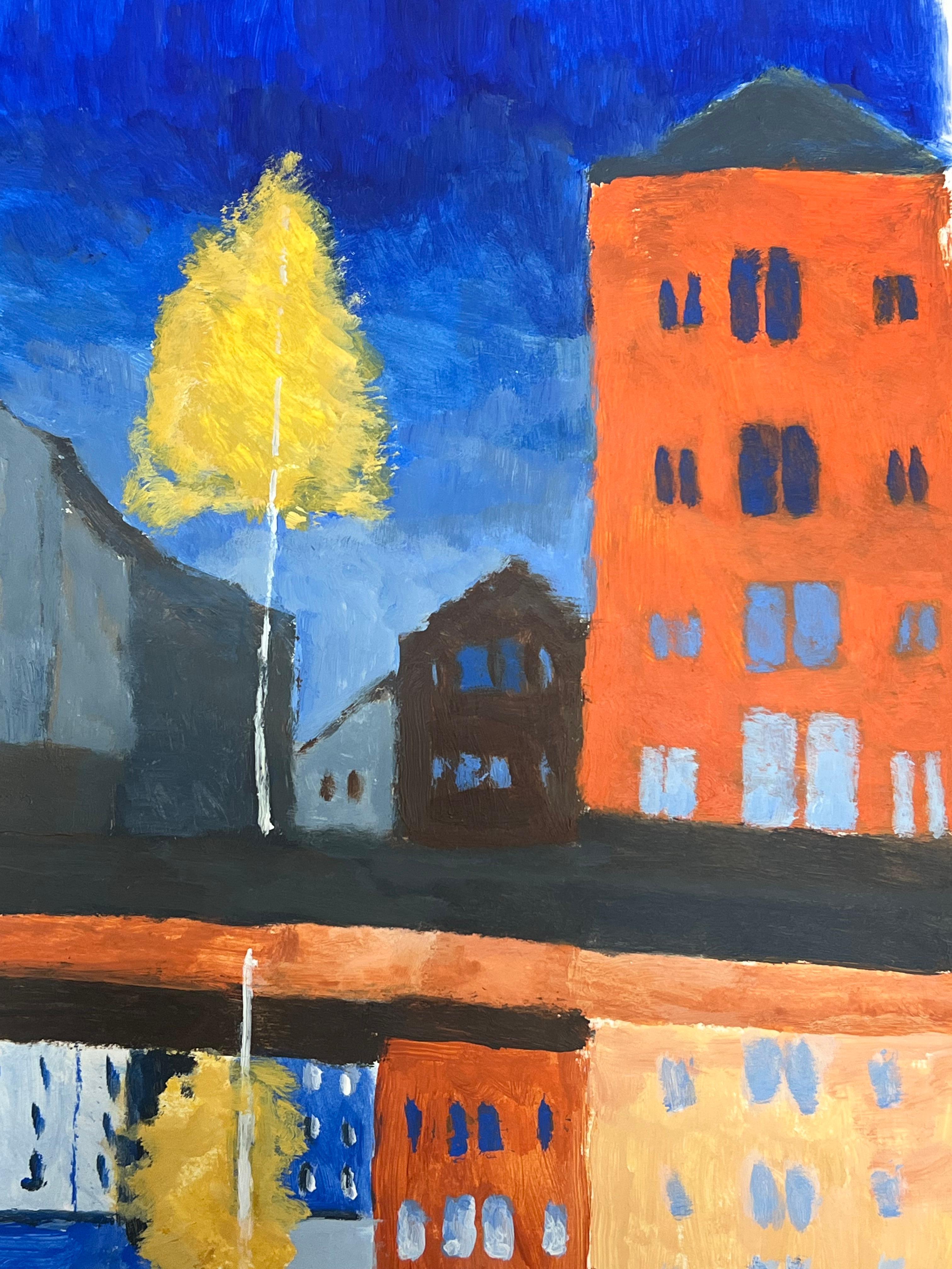 Un árbol amarillo ilumina la ciudad oscura con una arquitectura audaz British Oil - Painting Moderno de Jill Jackson