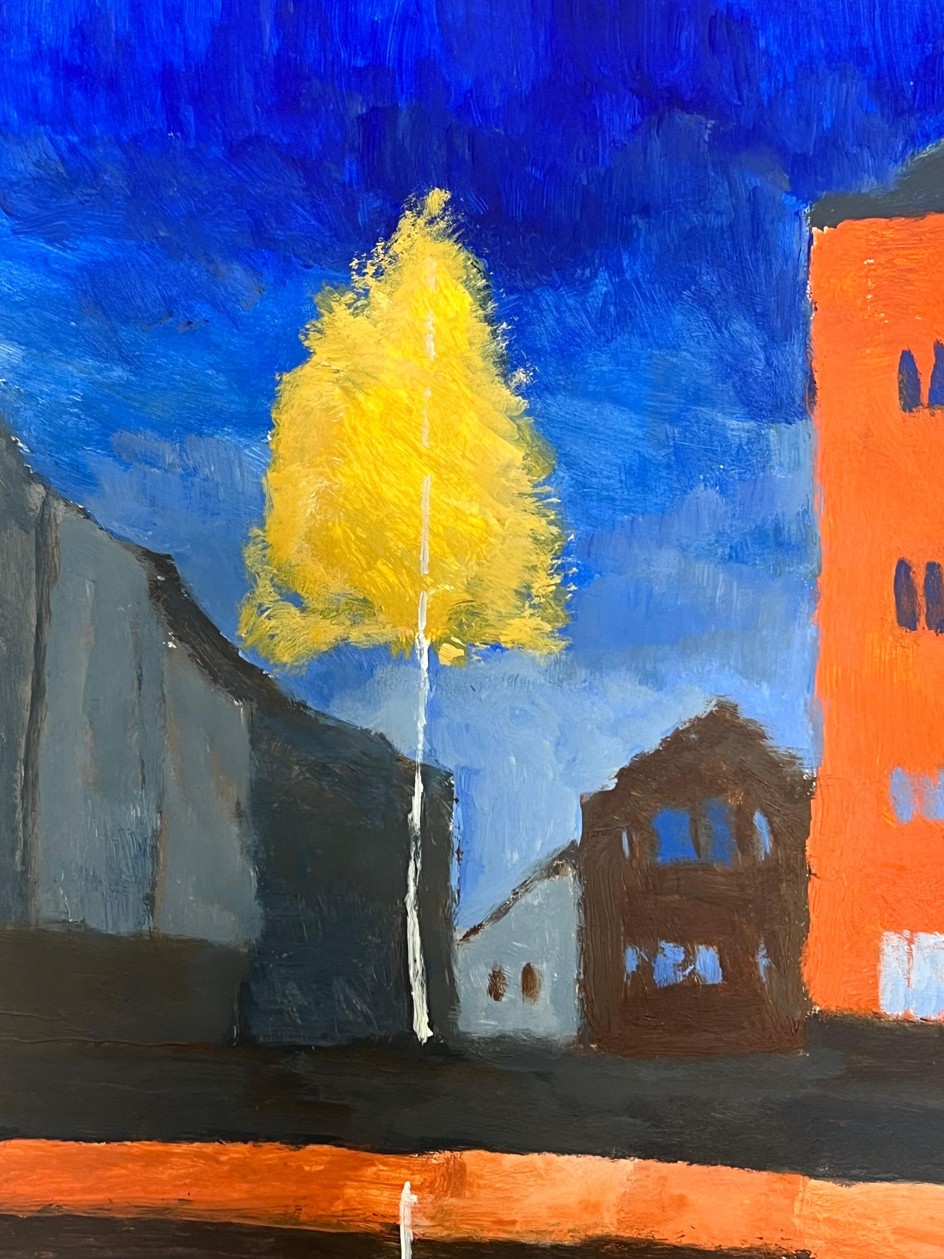 Un árbol amarillo ilumina la ciudad oscura con una arquitectura audaz British Oil - Landscape Painting Azul de Jill Jackson