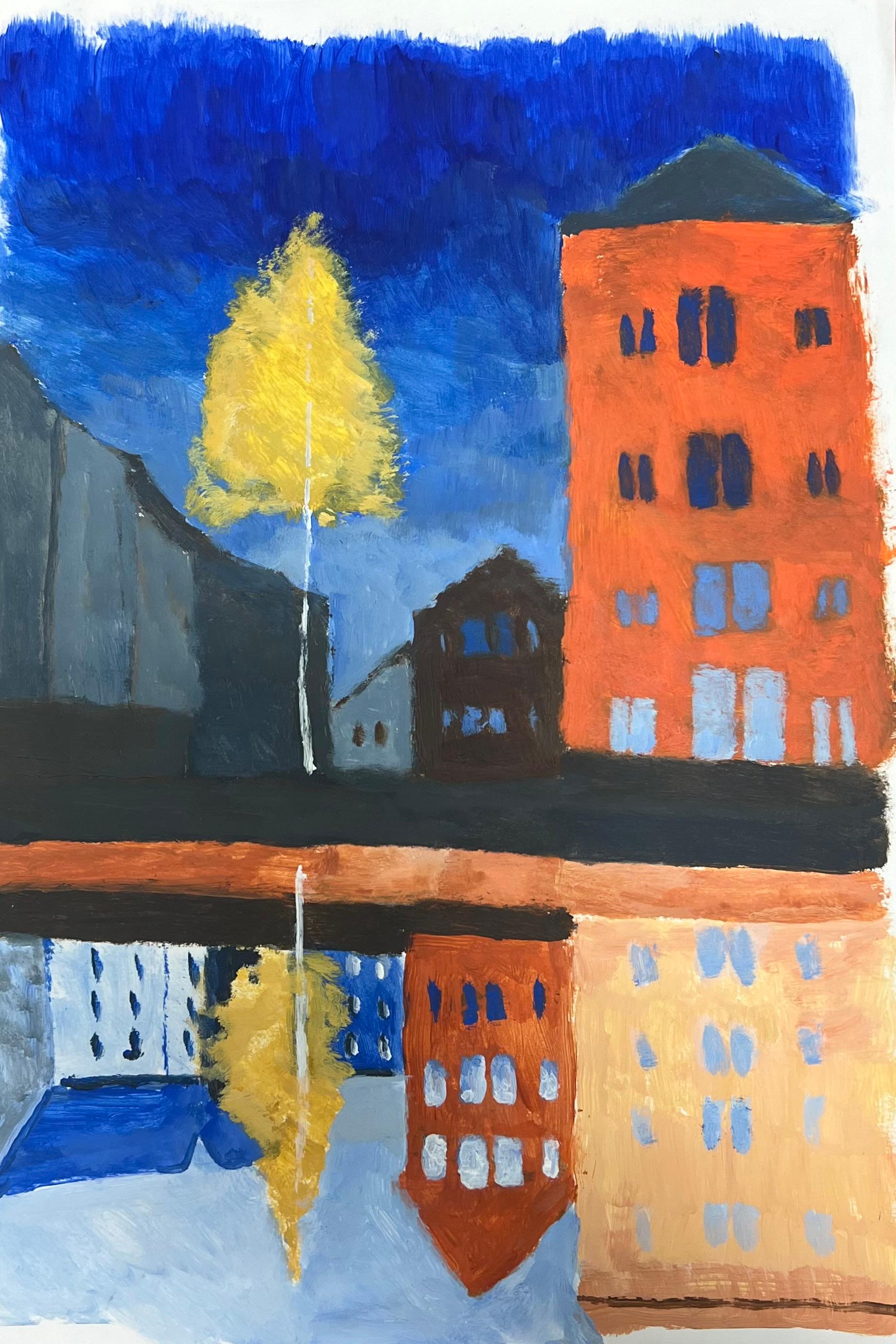 Landscape Painting de Jill Jackson - Un árbol amarillo ilumina la ciudad oscura con una arquitectura audaz British Oil